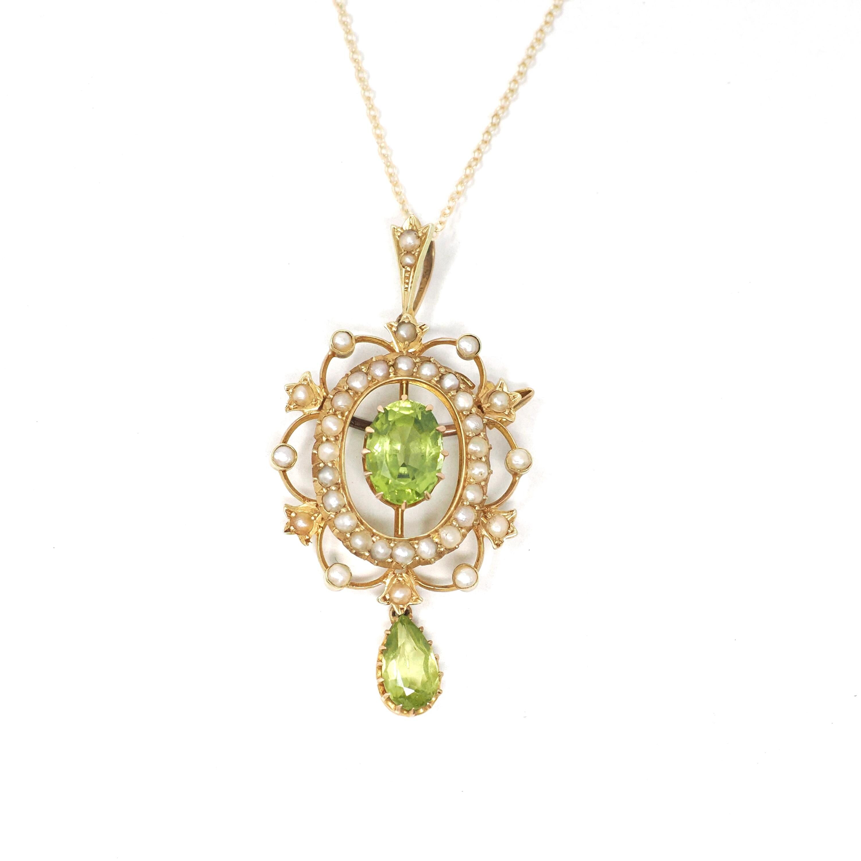 Antique Lavalier Necklace - Edwardian 15k Yellow Gold Natural Green Peridot Gem Pendant Seed Pearls - Circa 1900s Era Fine Brooch Jewelry