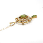 Antique Lavalier Necklace - Edwardian 15k Yellow Gold Natural Green Peridot Gem Pendant Seed Pearls - Circa 1900s Era Fine Brooch Jewelry