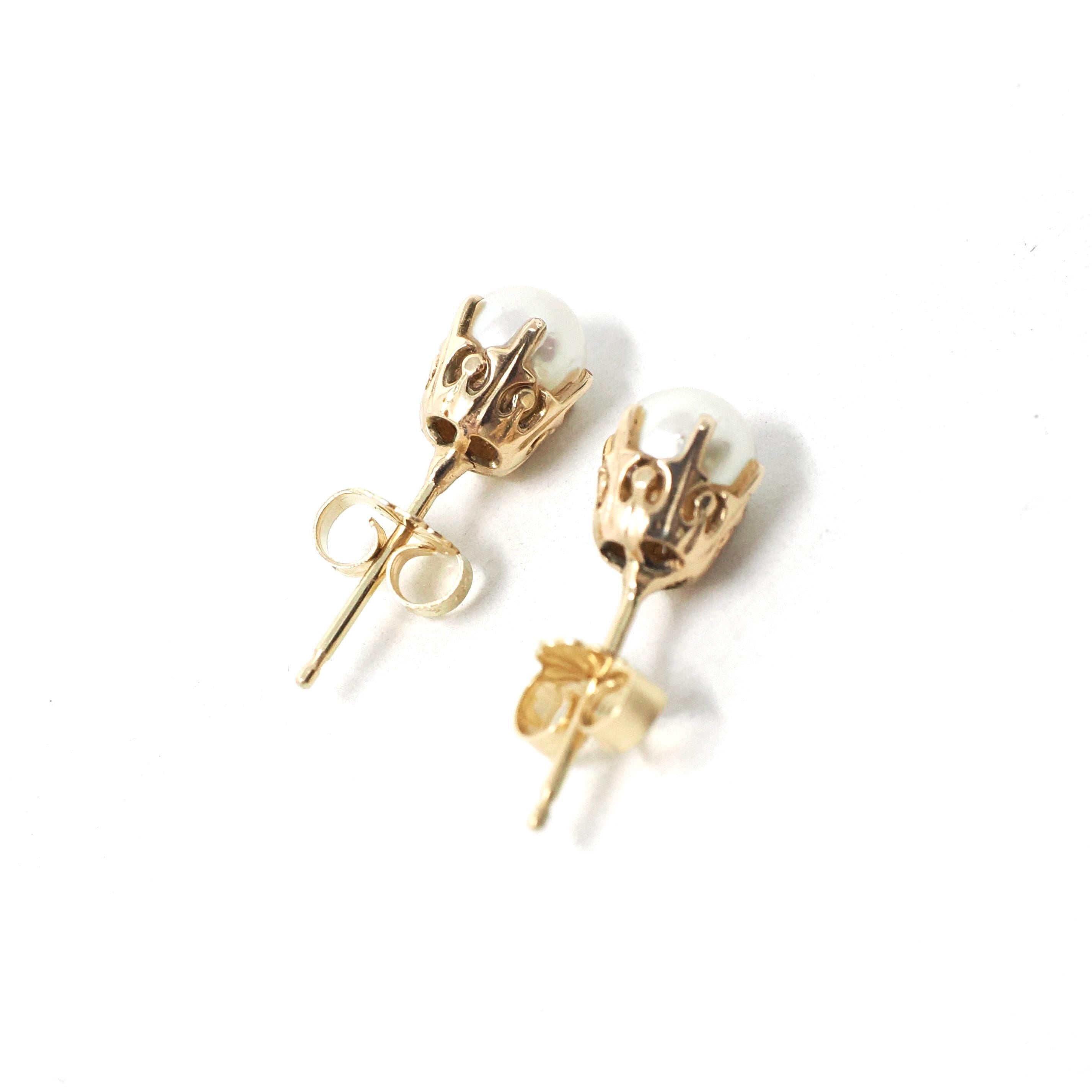 Cultured Pearl Earrings - Retro 10k Yellow Gold Round White Organic Gemstone Stud Posts - Vintage Circa 1940s Era Fine Statement Jewelry