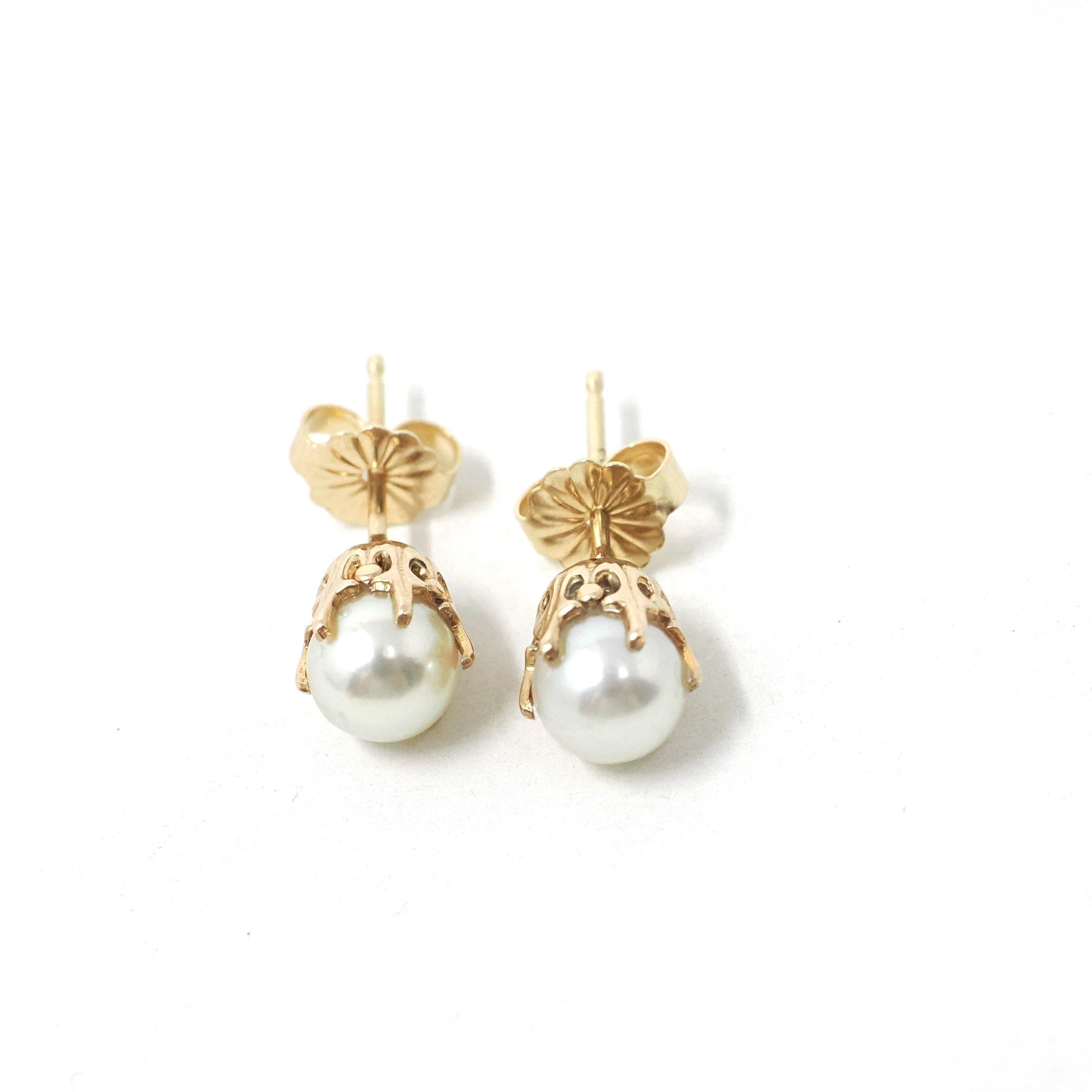 Cultured Pearl Earrings - Retro 10k Yellow Gold Round White Organic Gemstone Stud Posts - Vintage Circa 1940s Era Fine Statement Jewelry