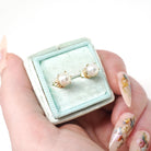 Cultured Pearl Earrings - Retro 10k Yellow Gold Round White Organic Gemstone Stud Posts - Vintage Circa 1940s Era Fine Statement Jewelry