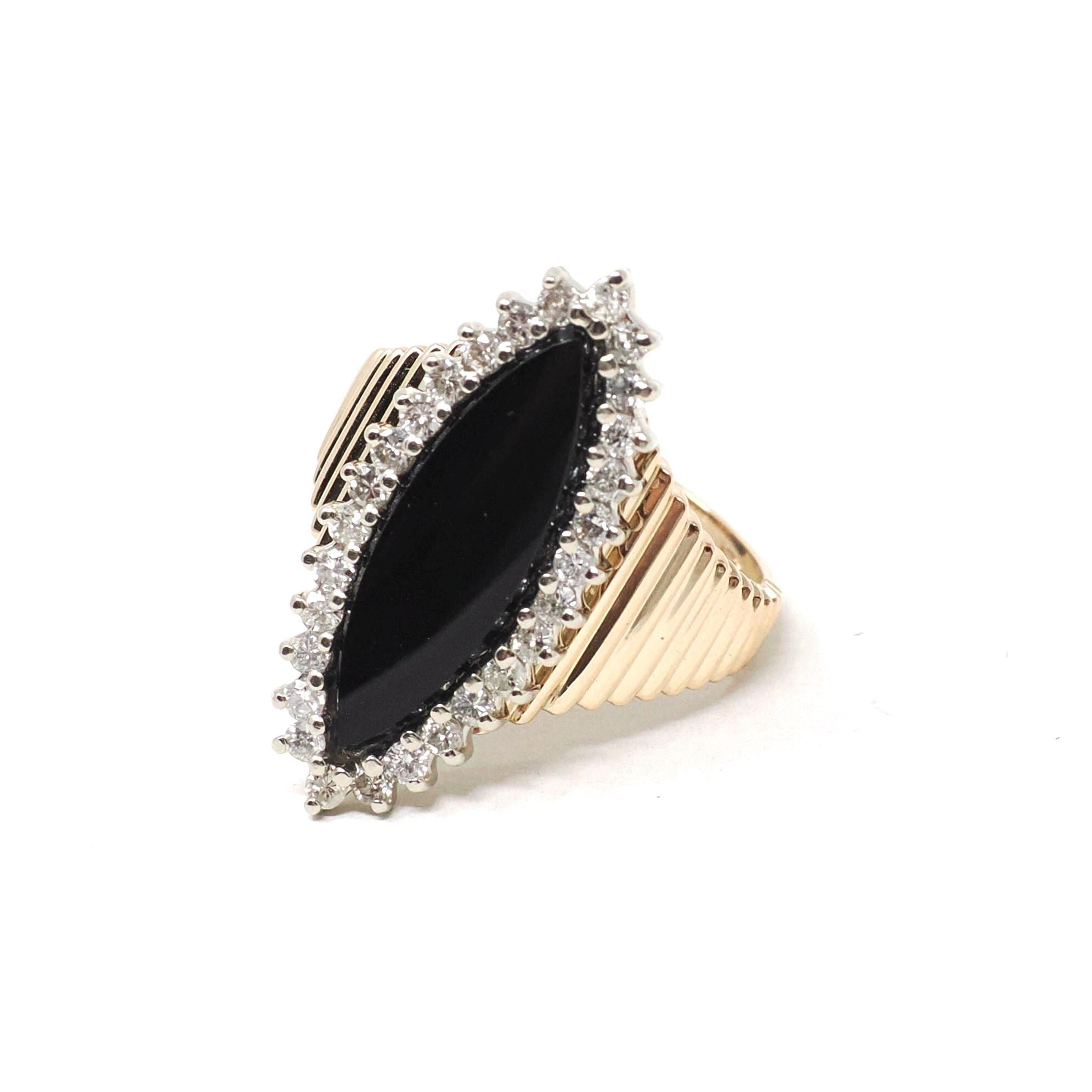 Onyx Halo Ring - Vintage 14k Yellow & White Gold Black Navette Gem .48 CTW Diamonds - Circa 1970s Retro Era Size 6.25 Fine Statement Jewelry