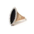 Onyx Halo Ring - Vintage 14k Yellow & White Gold Black Navette Gem .48 CTW Diamonds - Circa 1970s Retro Era Size 6.25 Fine Statement Jewelry
