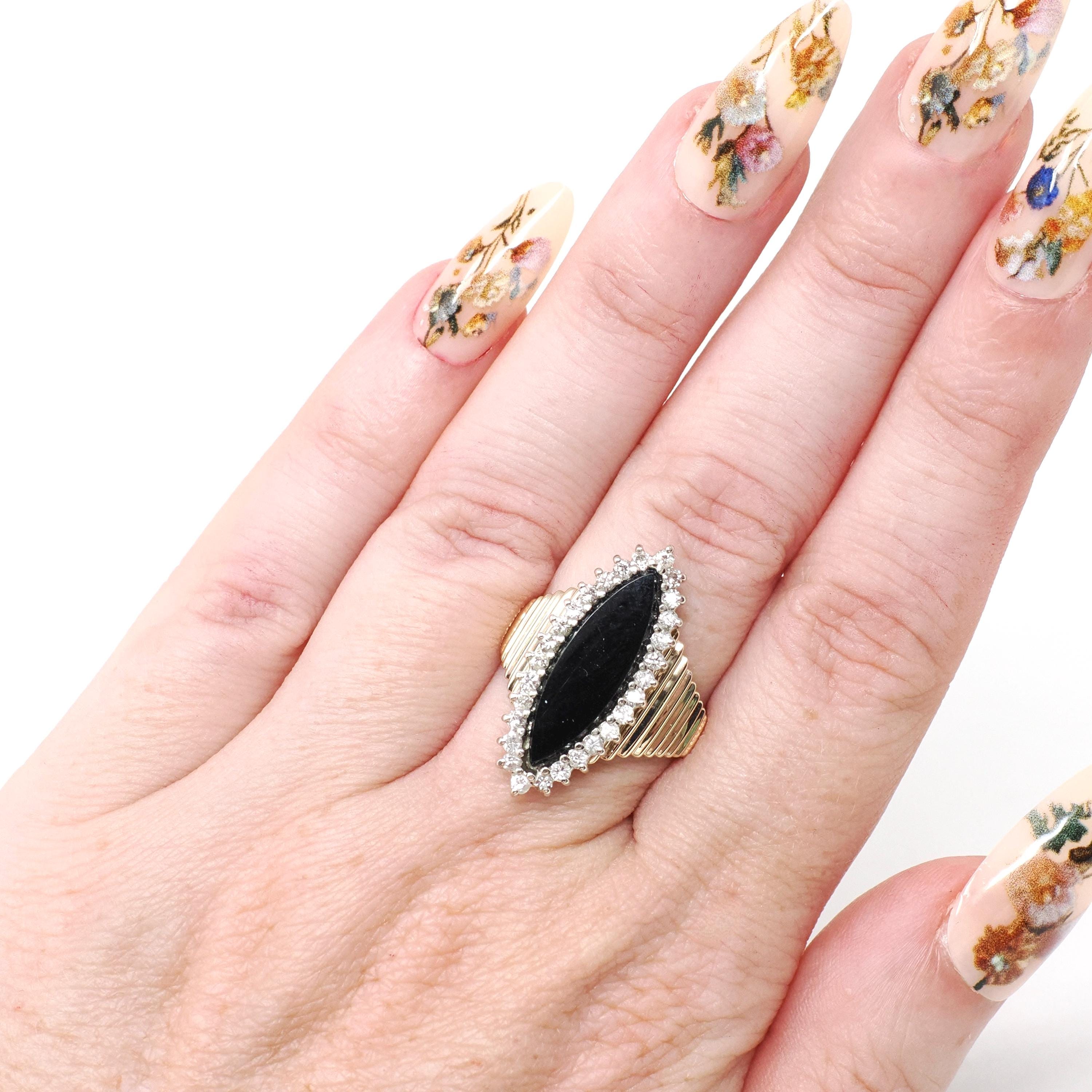 Onyx Halo Ring - Vintage 14k Yellow & White Gold Black Navette Gem .48 CTW Diamonds - Circa 1970s Retro Era Size 6.25 Fine Statement Jewelry