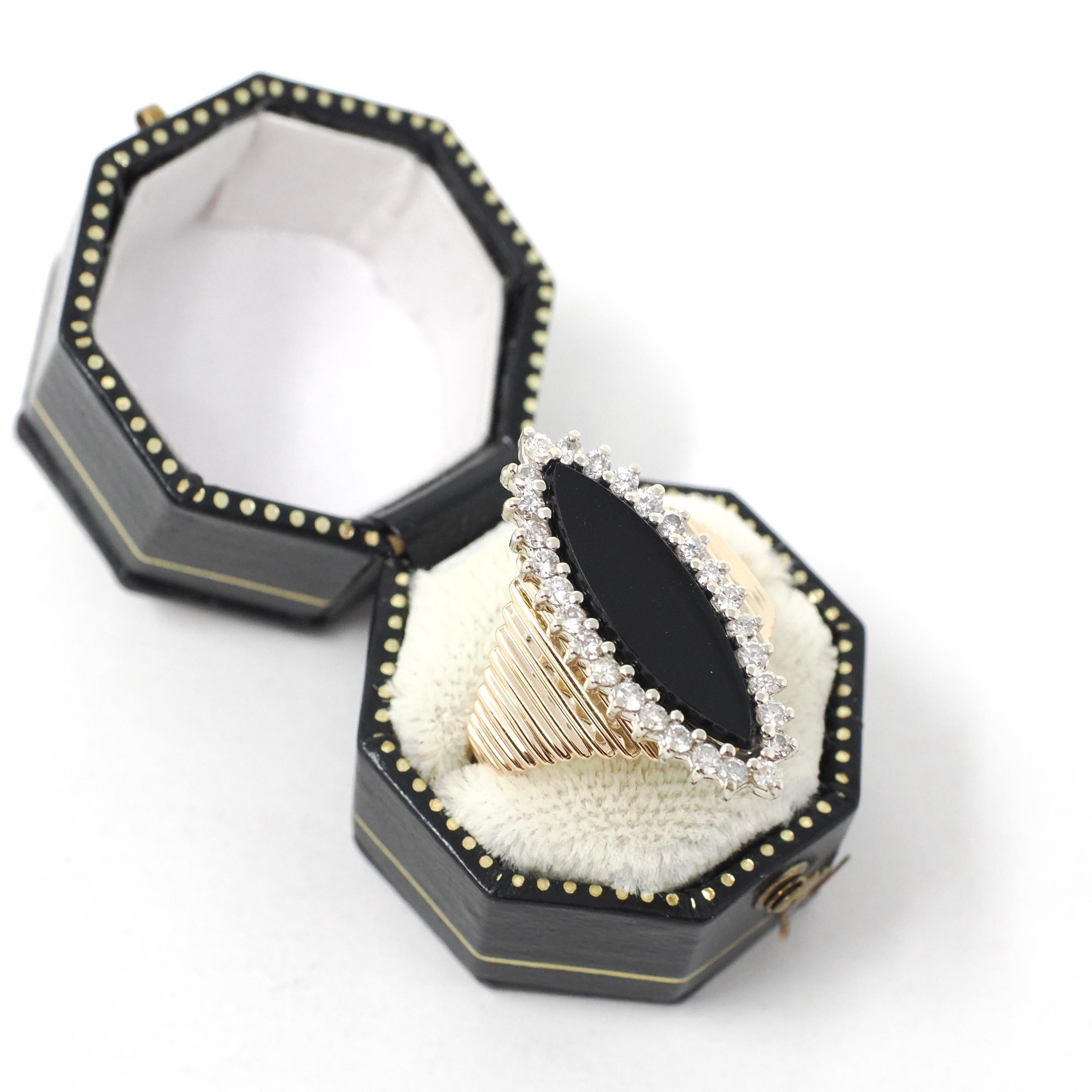 Onyx Halo Ring - Vintage 14k Yellow & White Gold Black Navette Gem .48 CTW Diamonds - Circa 1970s Retro Era Size 6.25 Fine Statement Jewelry