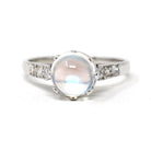 Vintage Rainbow Moonstone Ring - Art Deco 18k White Gold Natural Diamond Gemstones - Circa 1930s Era Size 6 Solitaire Basket Fine Jewelry