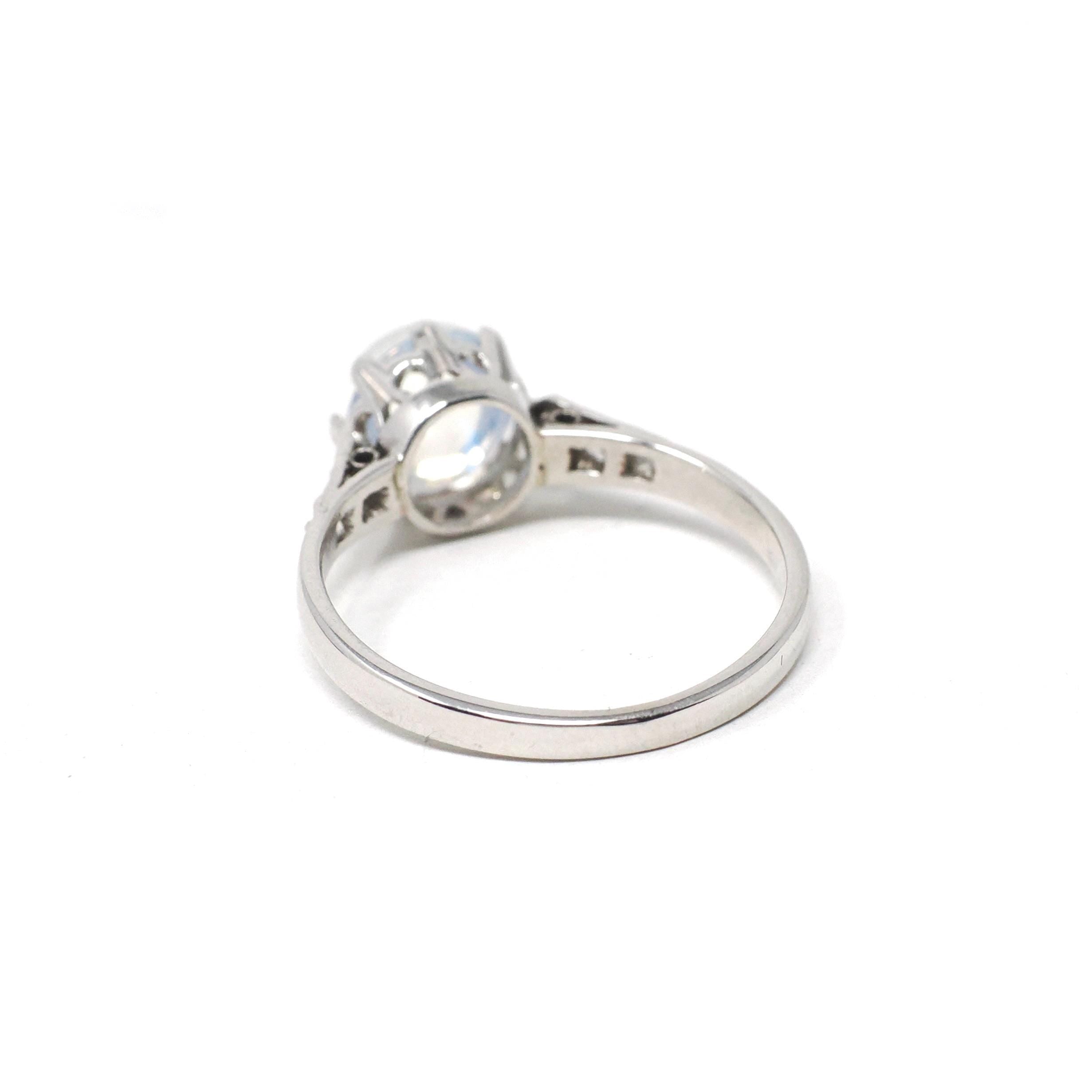 Vintage Rainbow Moonstone Ring - Art Deco 18k White Gold Natural Diamond Gemstones - Circa 1930s Era Size 6 Solitaire Basket Fine Jewelry