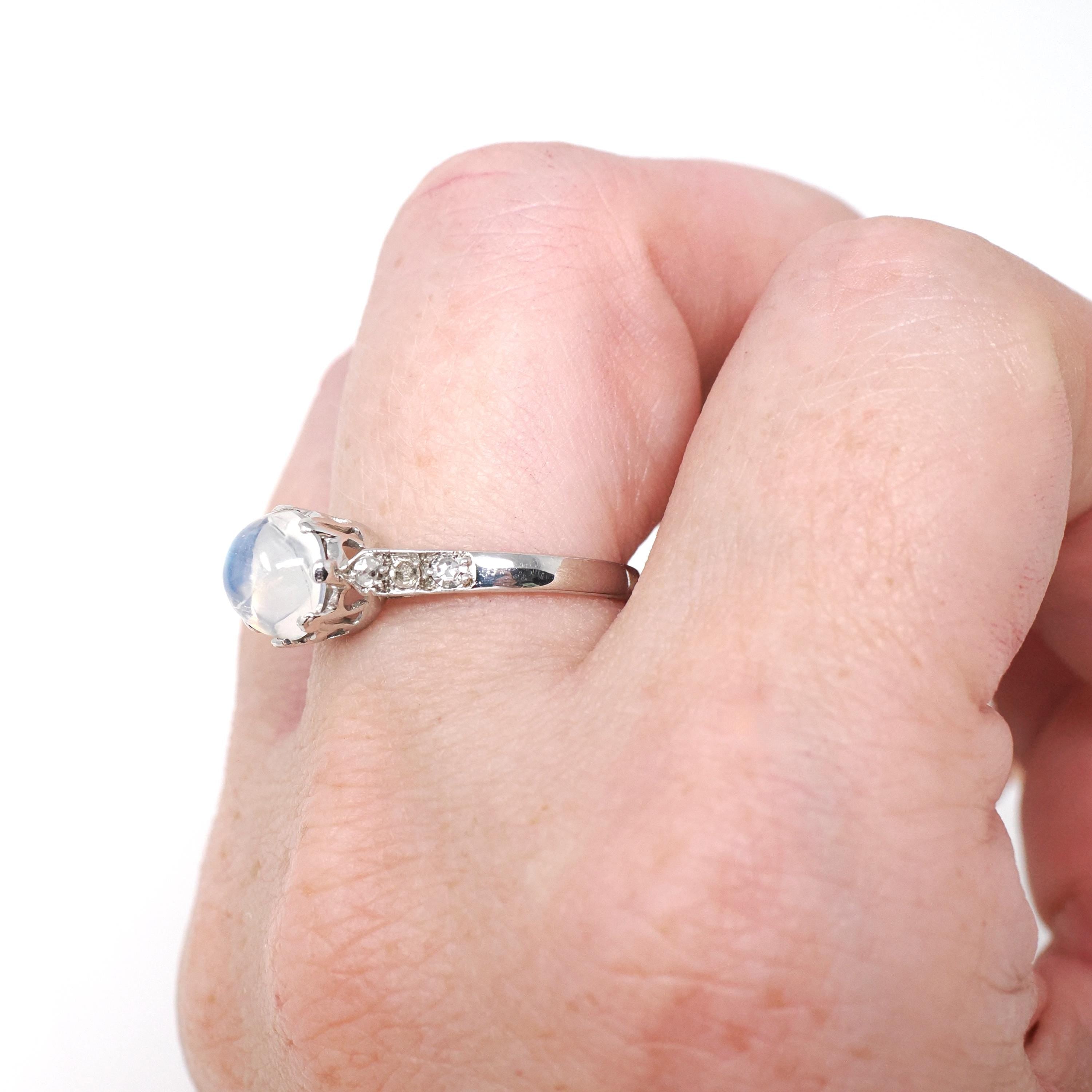 Vintage Rainbow Moonstone Ring - Art Deco 18k White Gold Natural Diamond Gemstones - Circa 1930s Era Size 6 Solitaire Basket Fine Jewelry