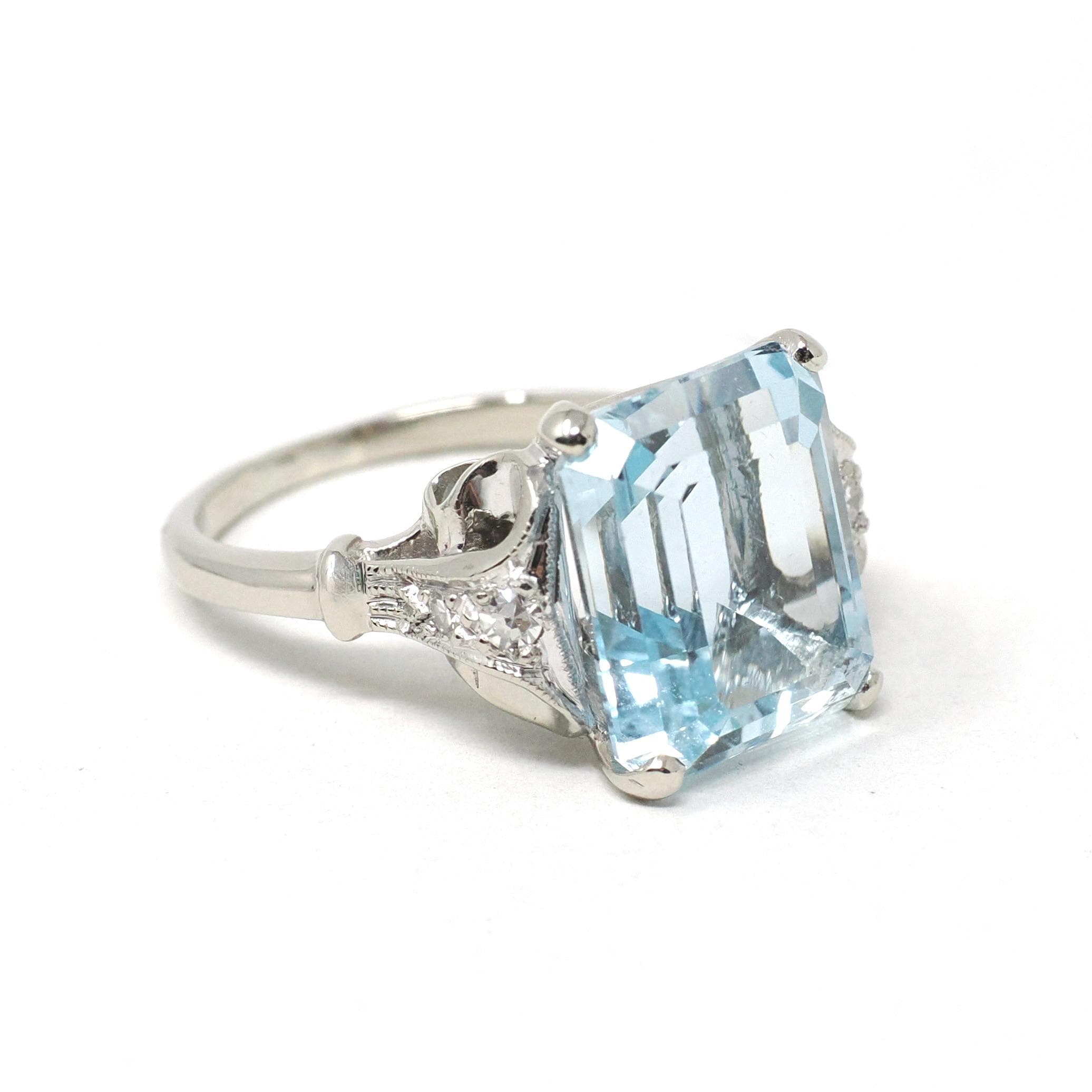 Mid Century Aquamarine Ring - Vintage 14k White Gold Natural 6.25 CT Blue Gem Diamonds - Circa 1950s Size 6 Alternative Engagement Jewelry
