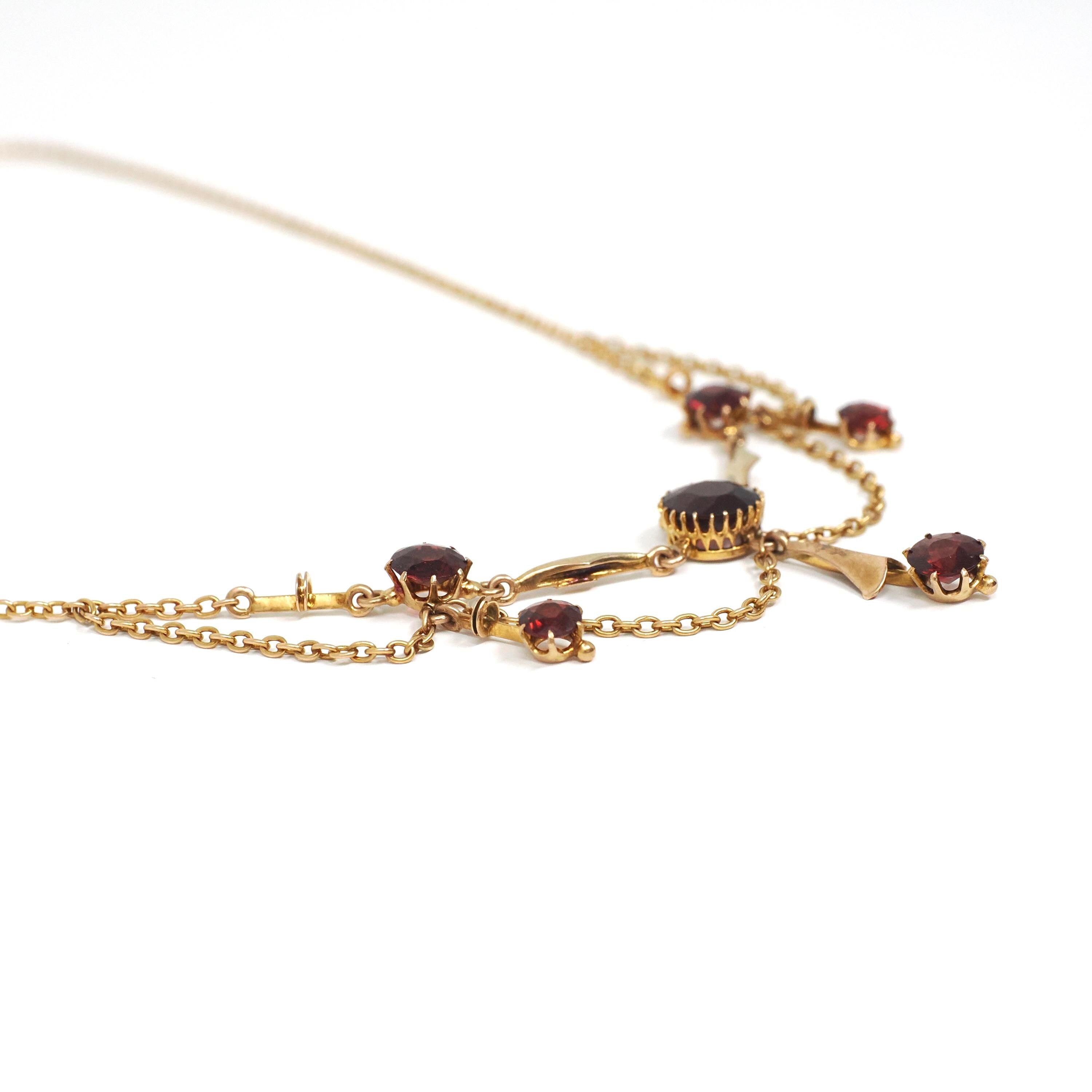 Antique Festoon Necklace - Edwardian Era 9k Yellow Gold Red Garnet Statement - Vintage Art Nouveau 1900s Fine January Birthstone Jewelry