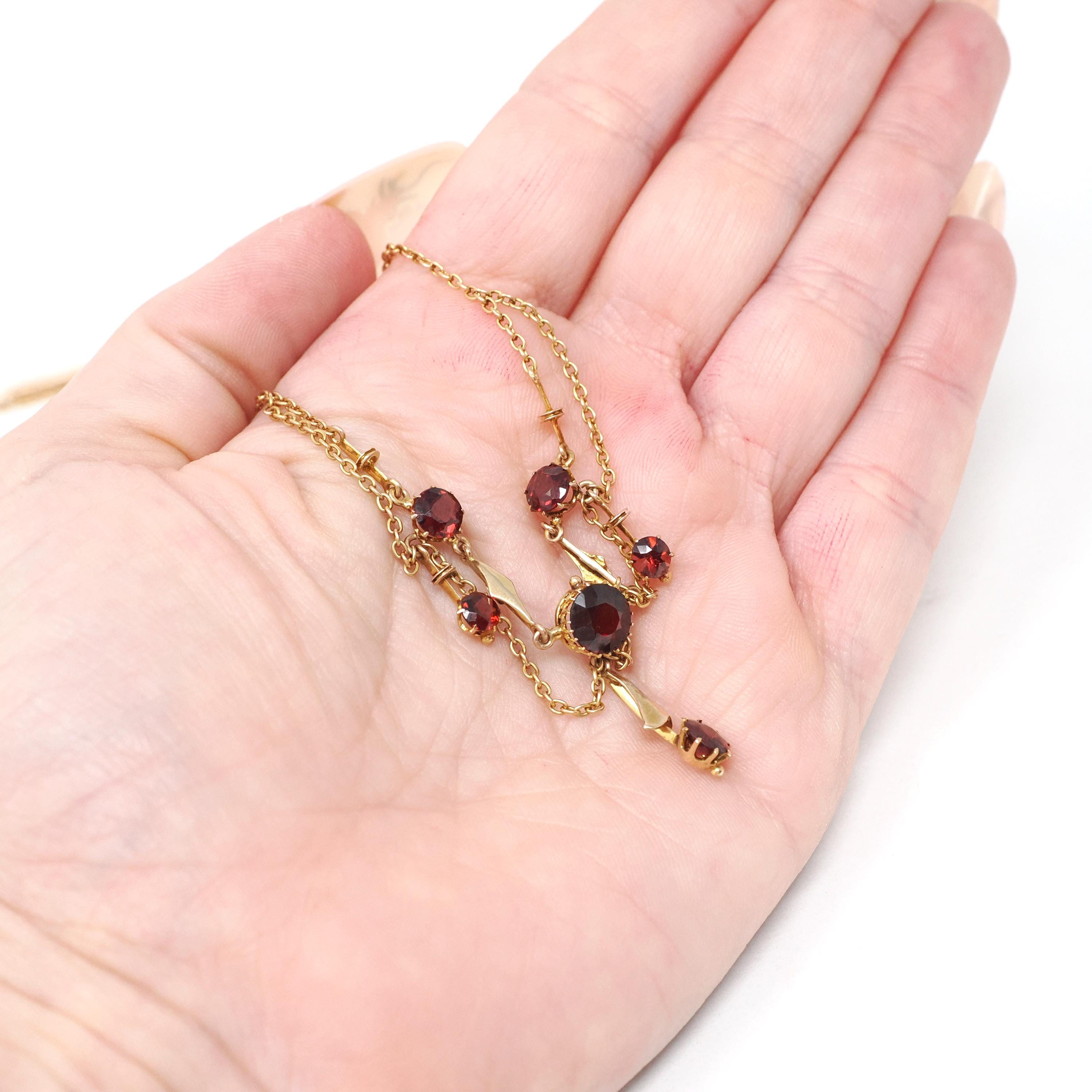 Antique Festoon Necklace - Edwardian Era 9k Yellow Gold Red Garnet Statement - Vintage Art Nouveau 1900s Fine January Birthstone Jewelry