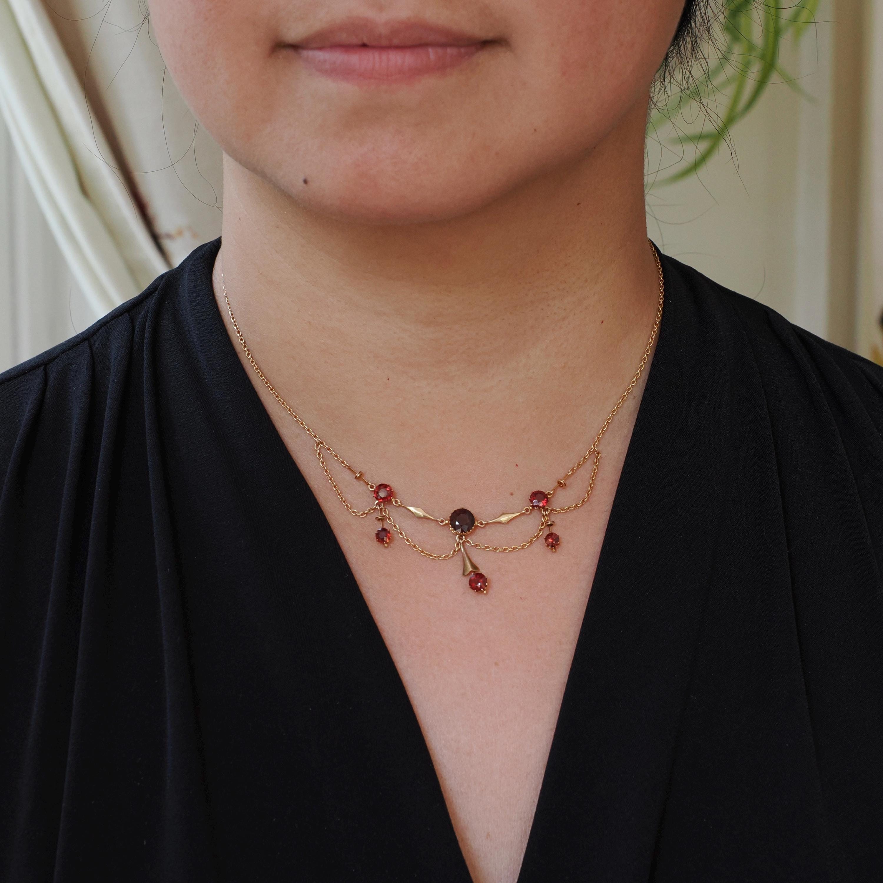 Antique Festoon Necklace - Edwardian Era 9k Yellow Gold Red Garnet Statement - Vintage Art Nouveau 1900s Fine January Birthstone Jewelry