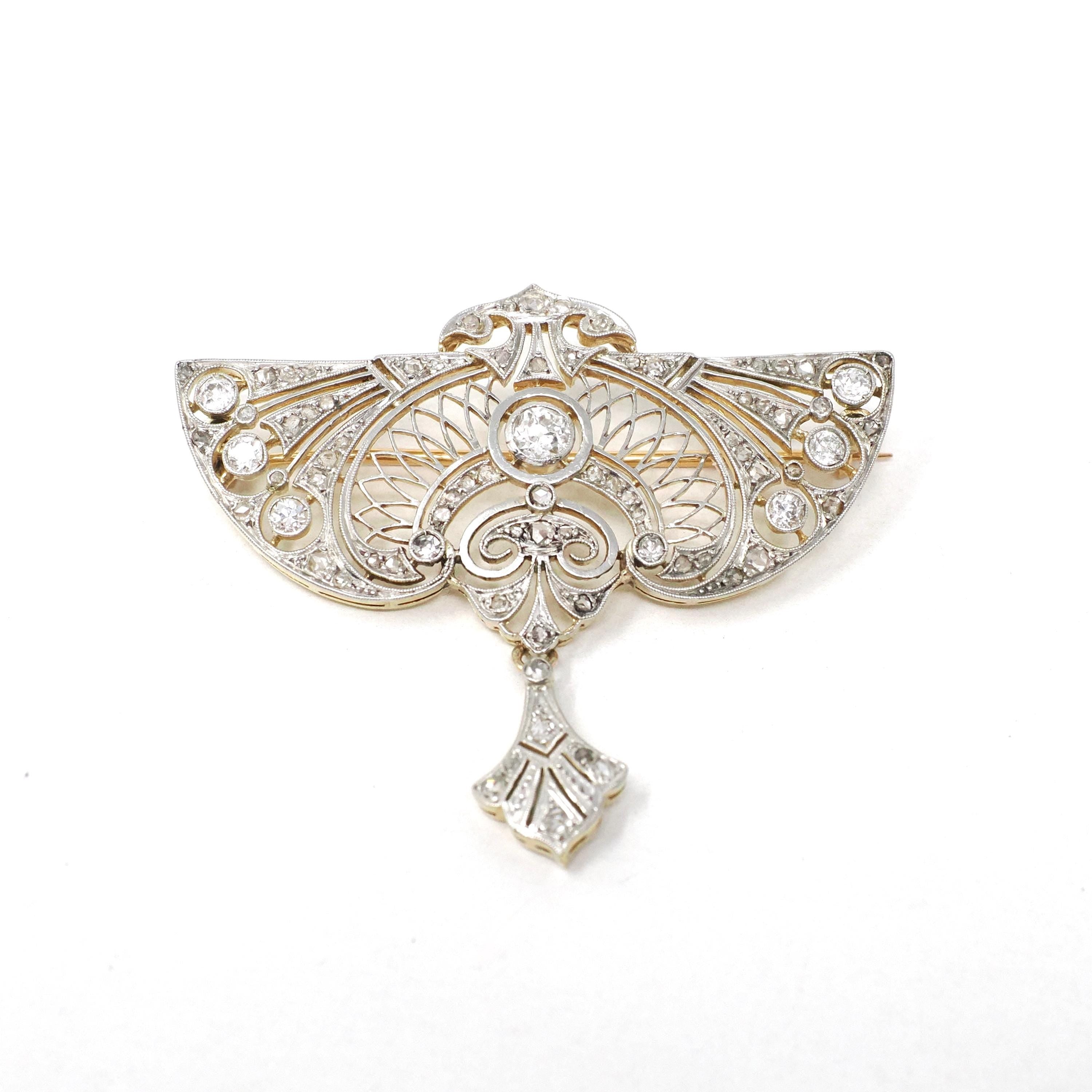 Antique Diamond Brooch - Edwardian Platinum & 18k Yellow Gold Natural 1.09 CTW Filigree Winged Pin - Circa 1910s Early Art Deco Fine Jewelry
