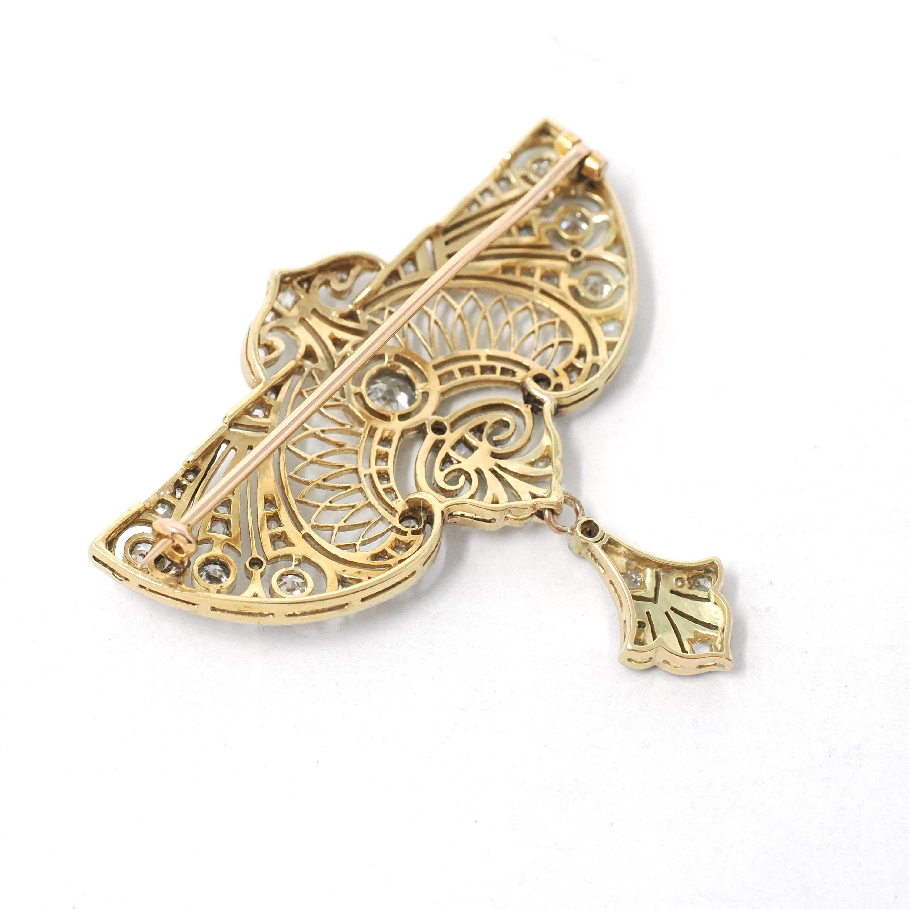 Antique Diamond Brooch - Edwardian Platinum & 18k Yellow Gold Natural 1.09 CTW Filigree Winged Pin - Circa 1910s Early Art Deco Fine Jewelry