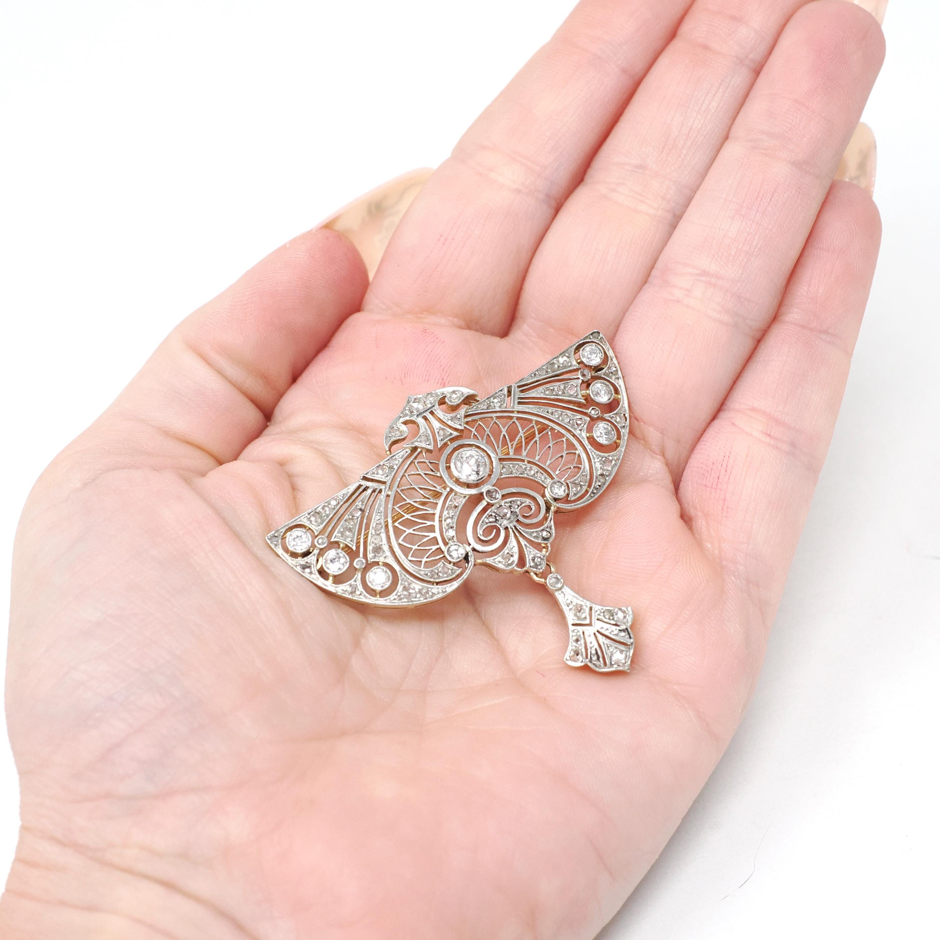 Antique Diamond Brooch - Edwardian Platinum & 18k Yellow Gold Natural 1.09 CTW Filigree Winged Pin - Circa 1910s Early Art Deco Fine Jewelry