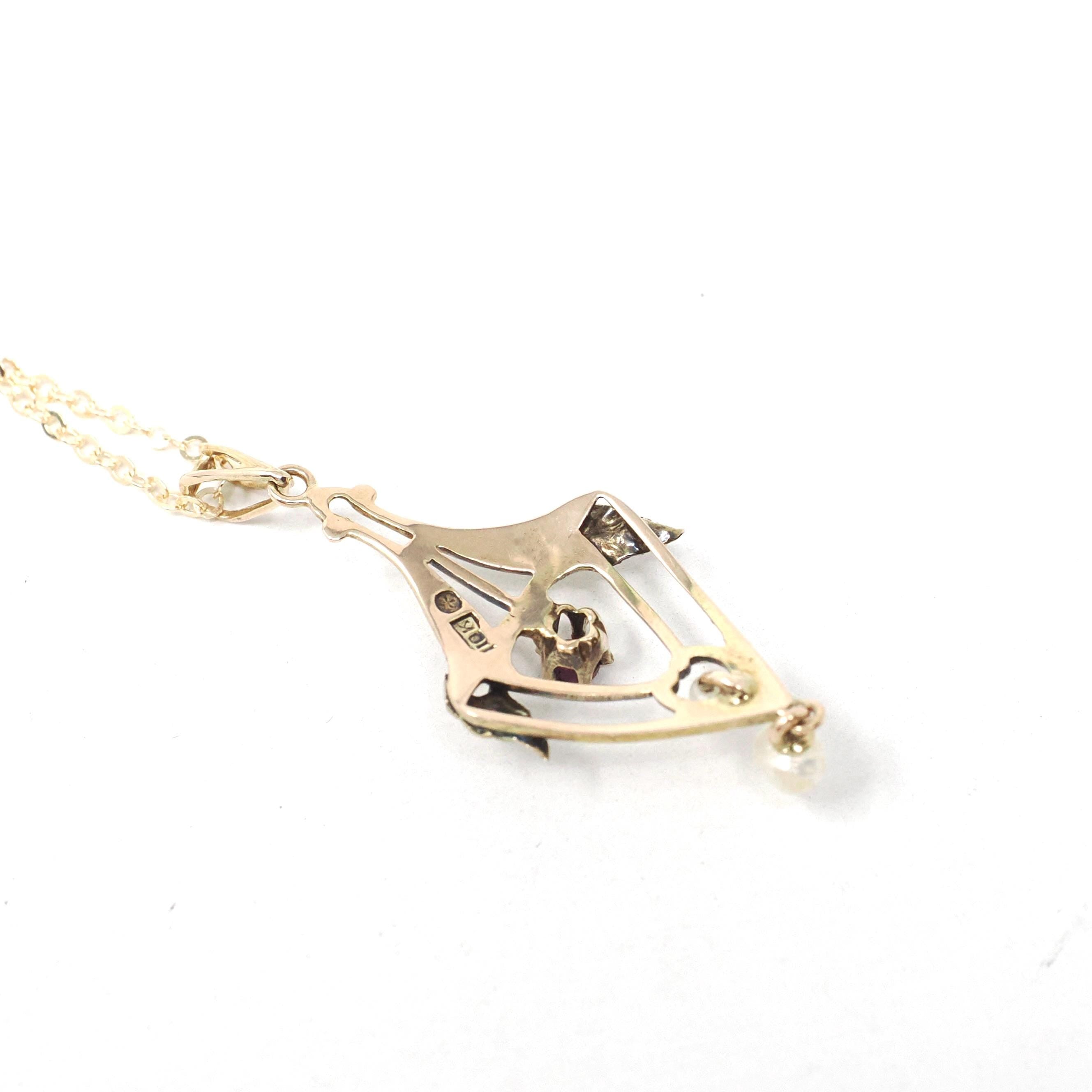 Antique Lavalier Necklace - Edwardian 10k Yellow Gold Purple Glass Seed Pearl Pendant - Circa 1910s Era Simulated Gem Baroque Pearl Jewelry