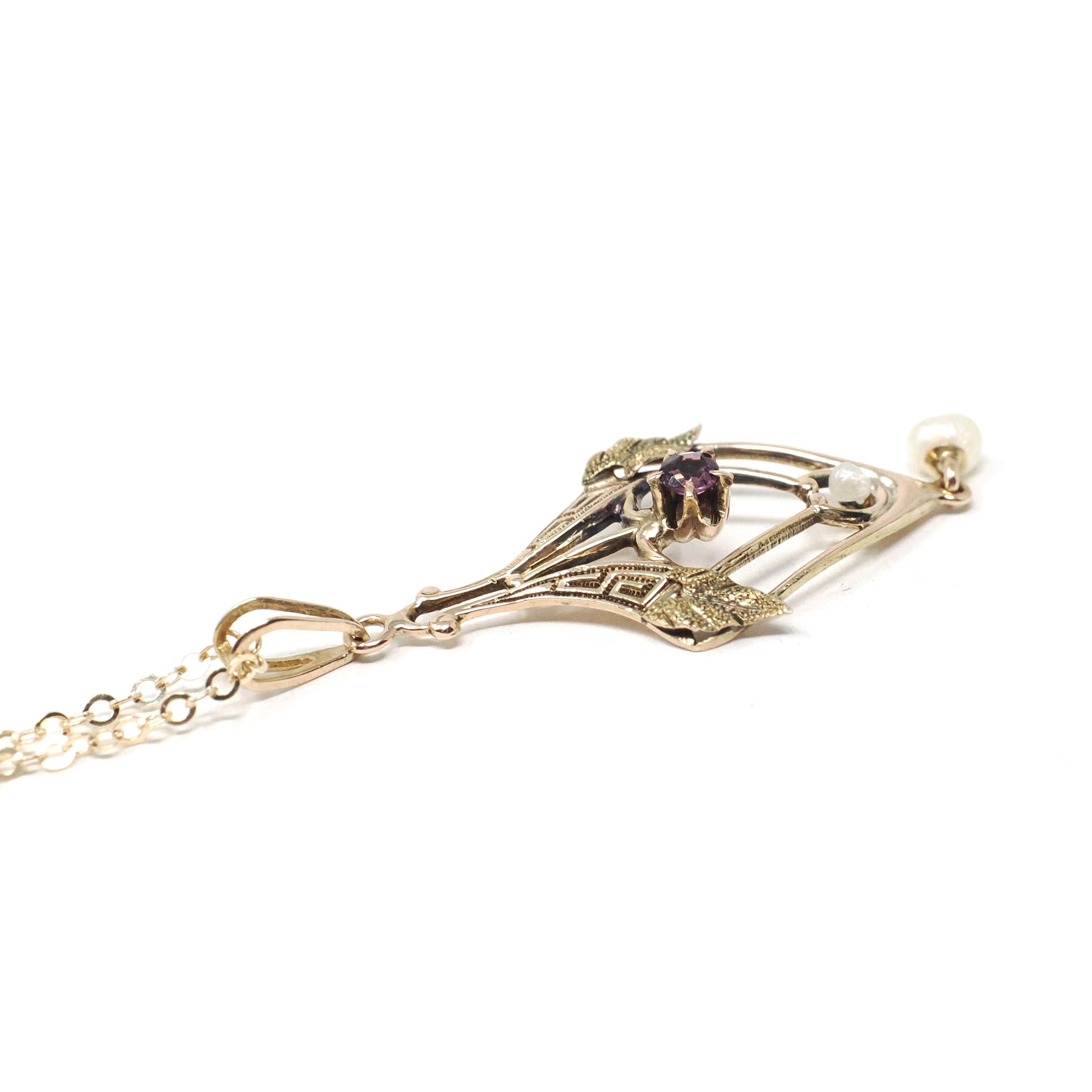 Antique Lavalier Necklace - Edwardian 10k Yellow Gold Purple Glass Seed Pearl Pendant - Circa 1910s Era Simulated Gem Baroque Pearl Jewelry