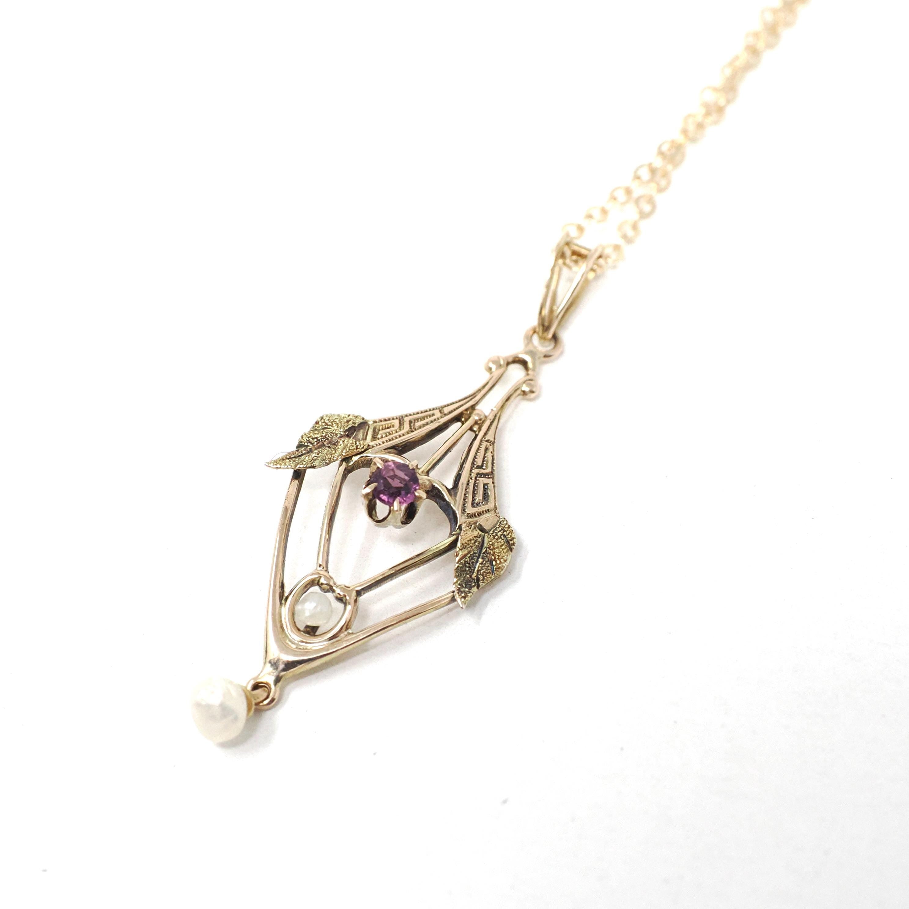 Antique Lavalier Necklace - Edwardian 10k Yellow Gold Purple Glass Seed Pearl Pendant - Circa 1910s Era Simulated Gem Baroque Pearl Jewelry