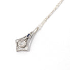 Art Deco Charm - Vintage 18k White Gold Natural Diamond Created Blue Sapphire Pendant Necklace - Circa 1930s Era Dangle Drop Fine Jewelry