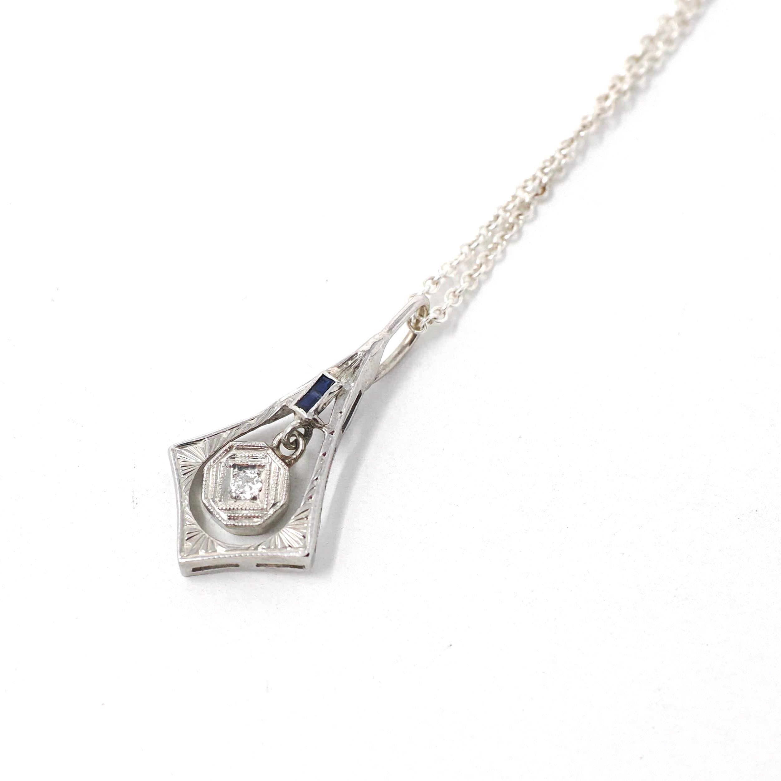 Art Deco Charm - Vintage 18k White Gold Natural Diamond Created Blue Sapphire Pendant Necklace - Circa 1930s Era Dangle Drop Fine Jewelry