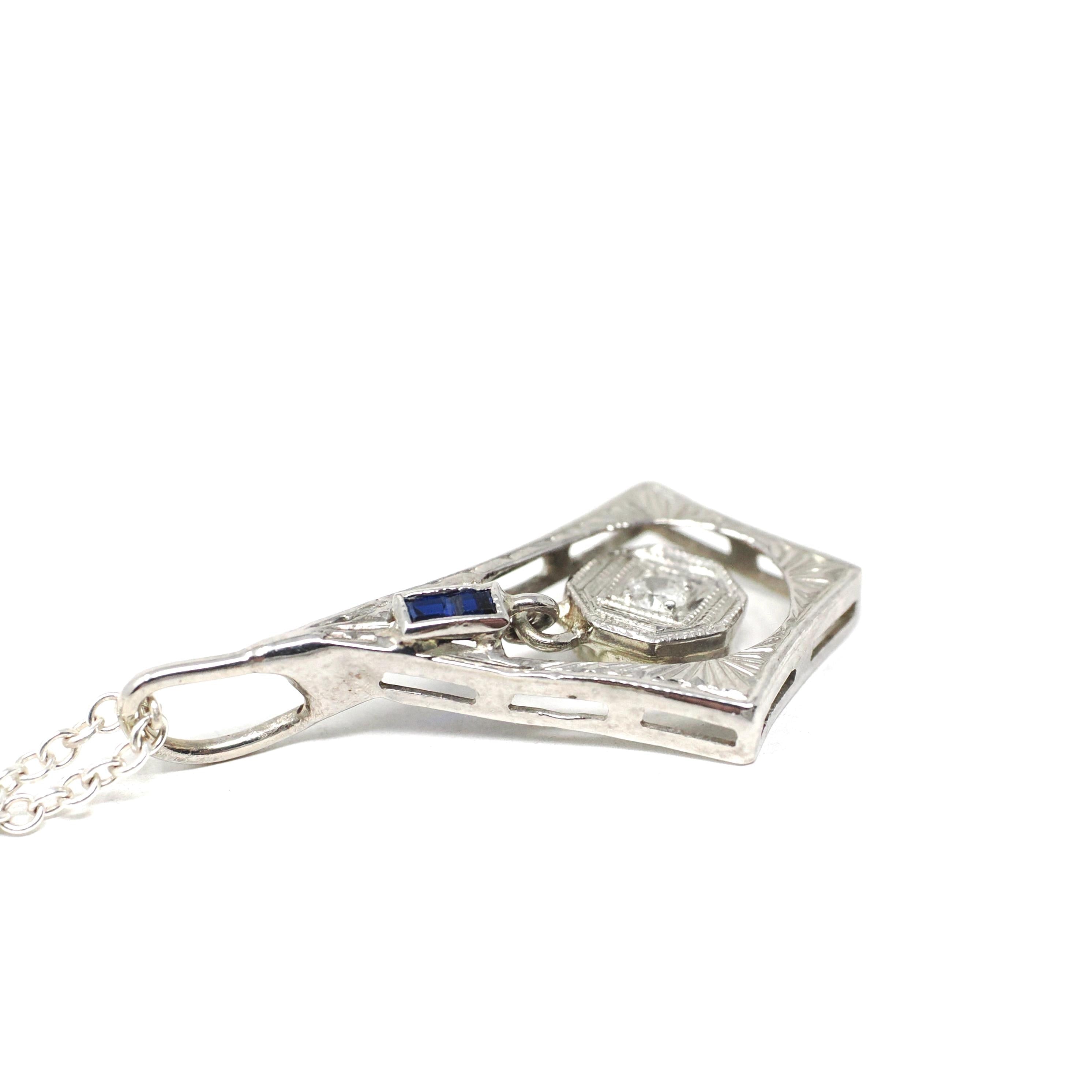 Art Deco Charm - Vintage 18k White Gold Natural Diamond Created Blue Sapphire Pendant Necklace - Circa 1930s Era Dangle Drop Fine Jewelry