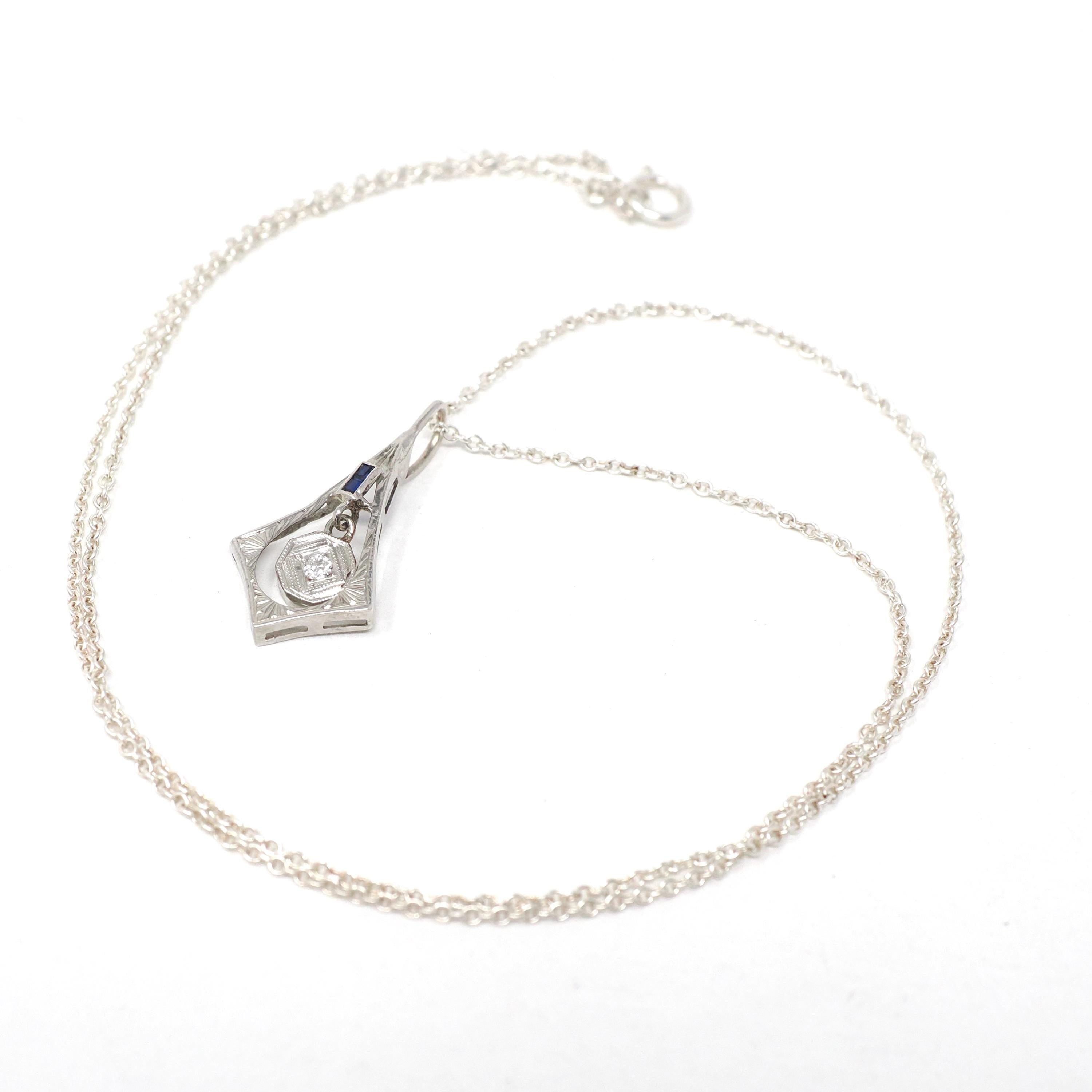 Art Deco Charm - Vintage 18k White Gold Natural Diamond Created Blue Sapphire Pendant Necklace - Circa 1930s Era Dangle Drop Fine Jewelry