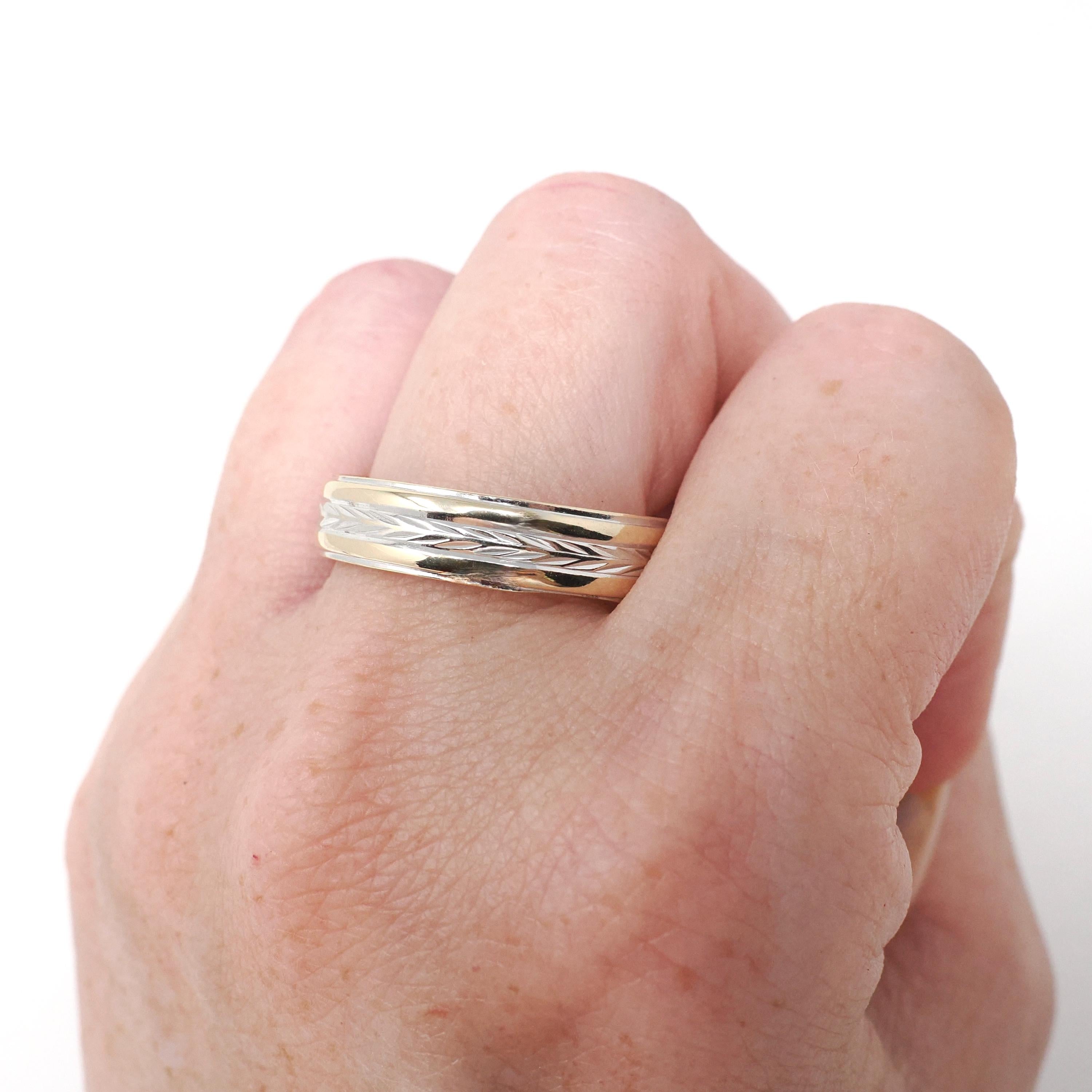 Two Tone Wedding Band - Vintage 14k Yellow & White Gold Unisex Bridal Standard Fit Ring - Retro Circa 1960s Size 12 1/2 Wheat Fine Jewelry