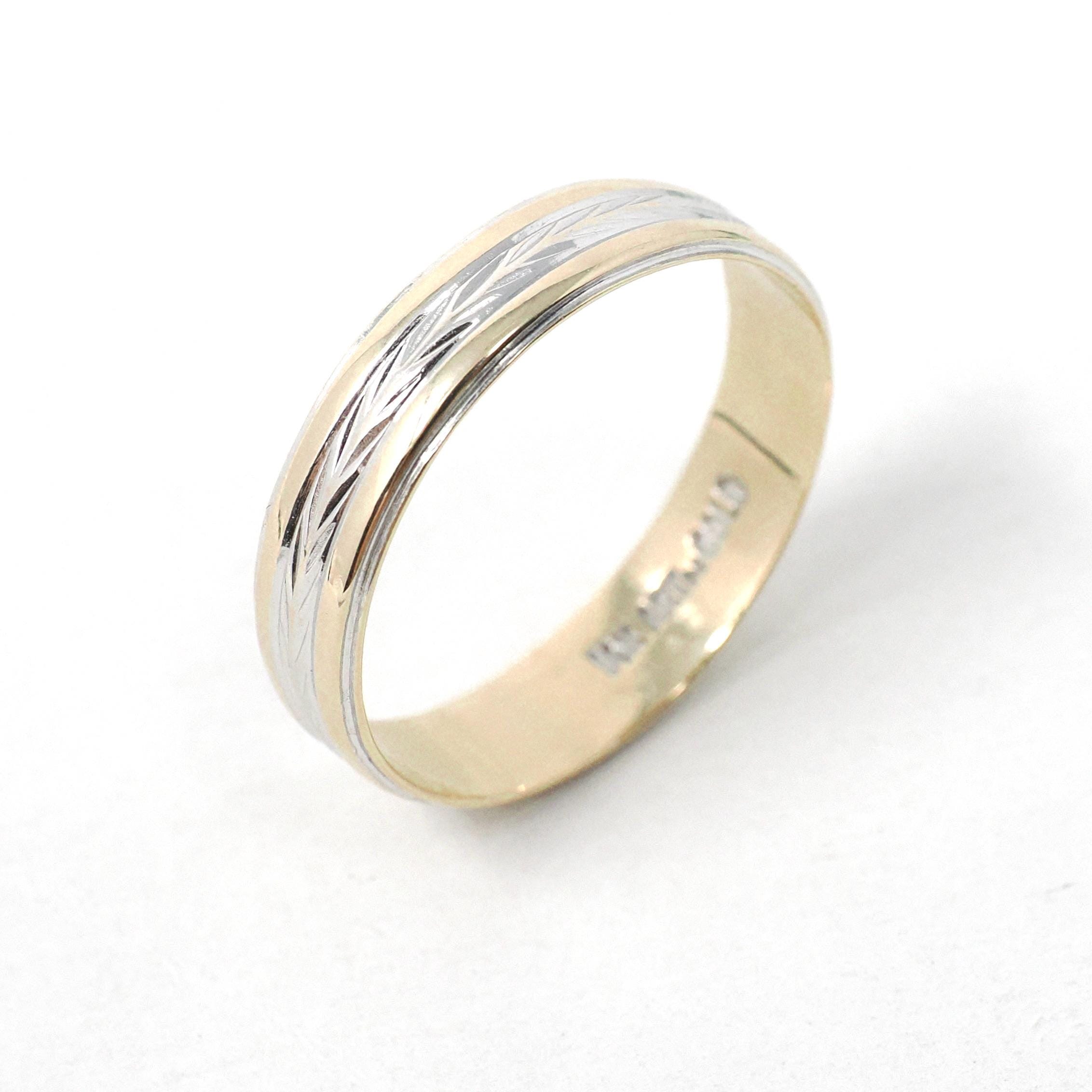 Two Tone Wedding Band - Vintage 14k Yellow & White Gold Unisex Bridal Standard Fit Ring - Retro Circa 1960s Size 12 1/2 Wheat Fine Jewelry