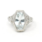 Vintage Aquamarine Ring - Art Deco 14k White Gold Light Blue Hexagon Gemstone - Circa 1930s Era Size 5 1/4 Lovebird Filigree Fine Jewelry