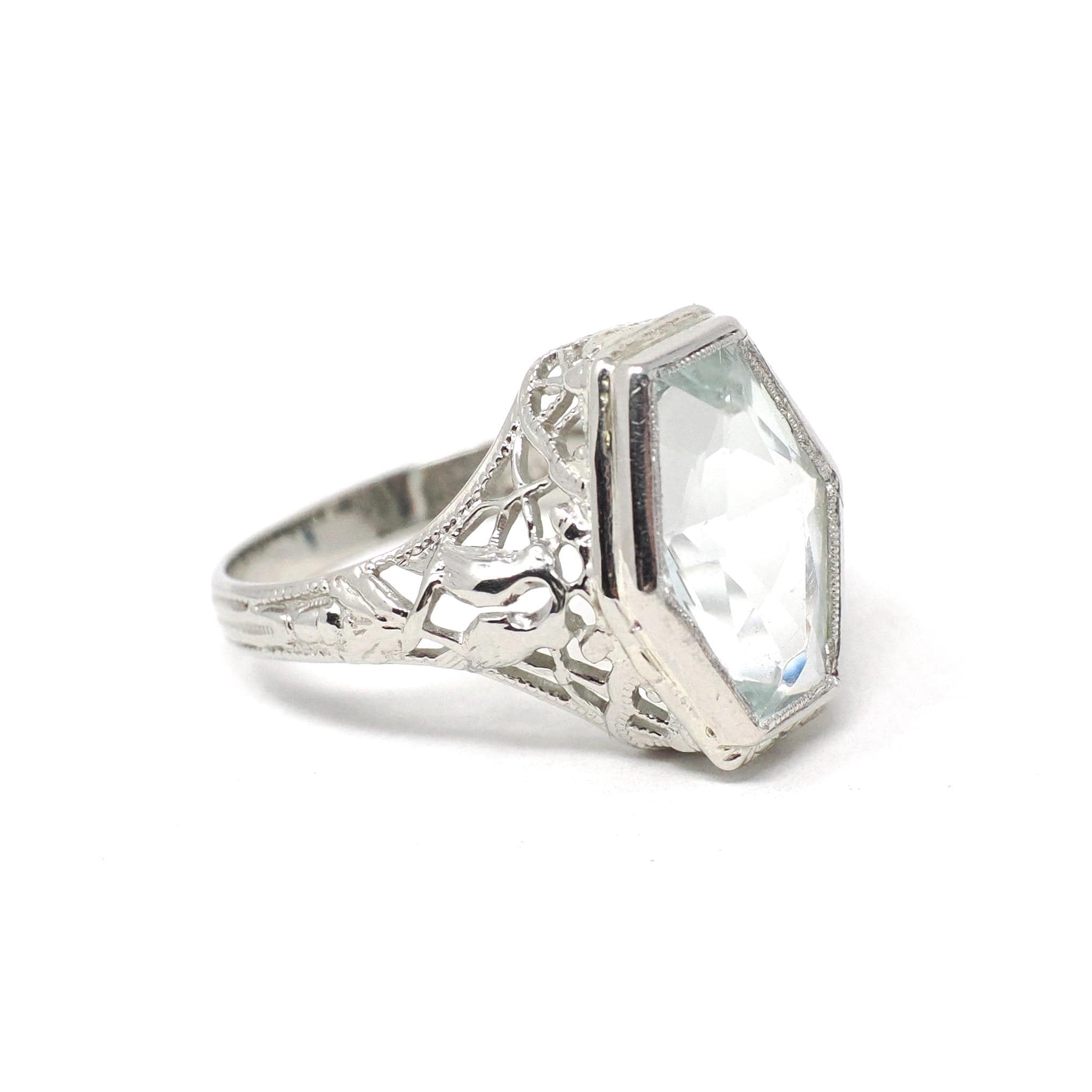 Vintage Aquamarine Ring - Art Deco 14k White Gold Light Blue Hexagon Gemstone - Circa 1930s Era Size 5 1/4 Lovebird Filigree Fine Jewelry