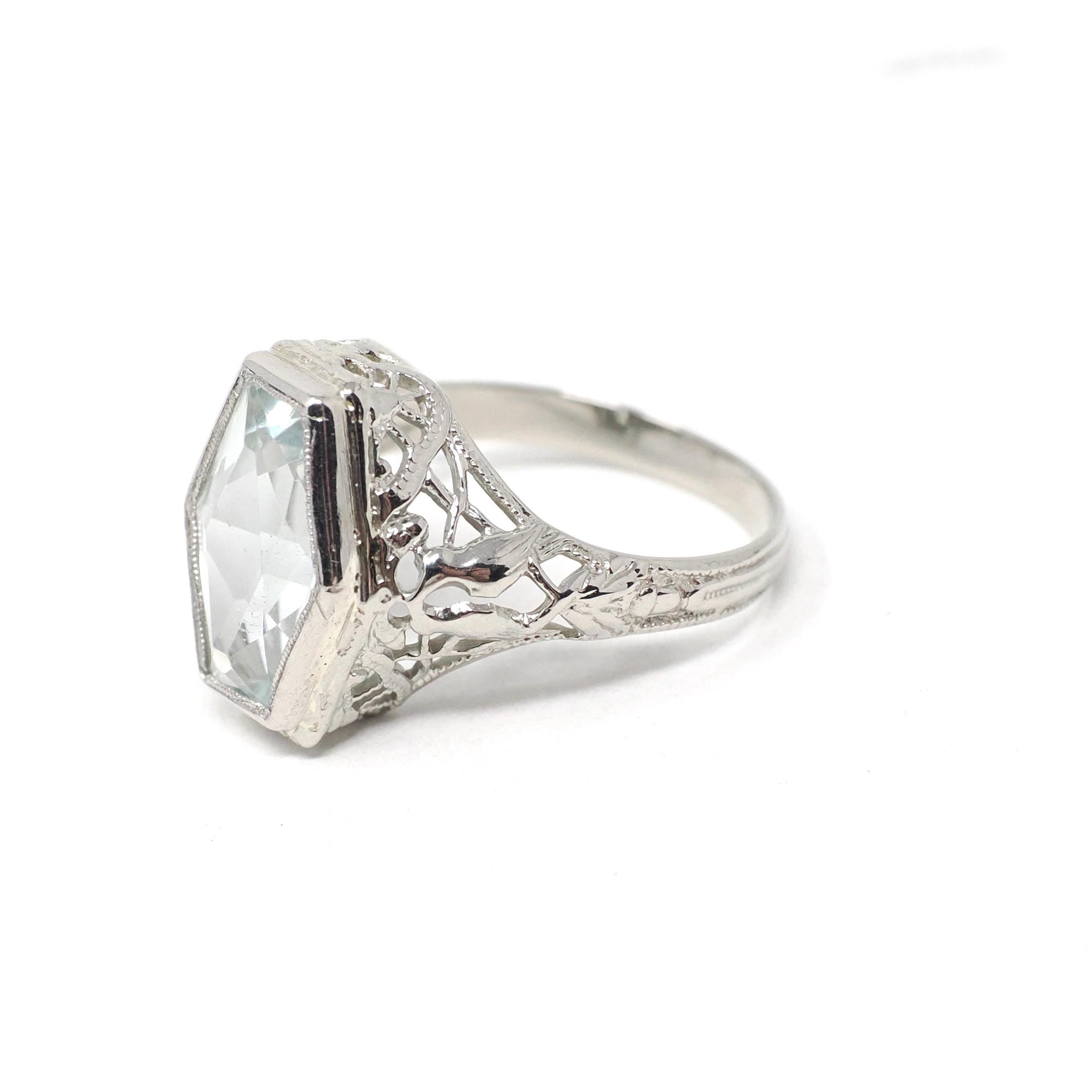 Vintage Aquamarine Ring - Art Deco 14k White Gold Light Blue Hexagon Gemstone - Circa 1930s Era Size 5 1/4 Lovebird Filigree Fine Jewelry