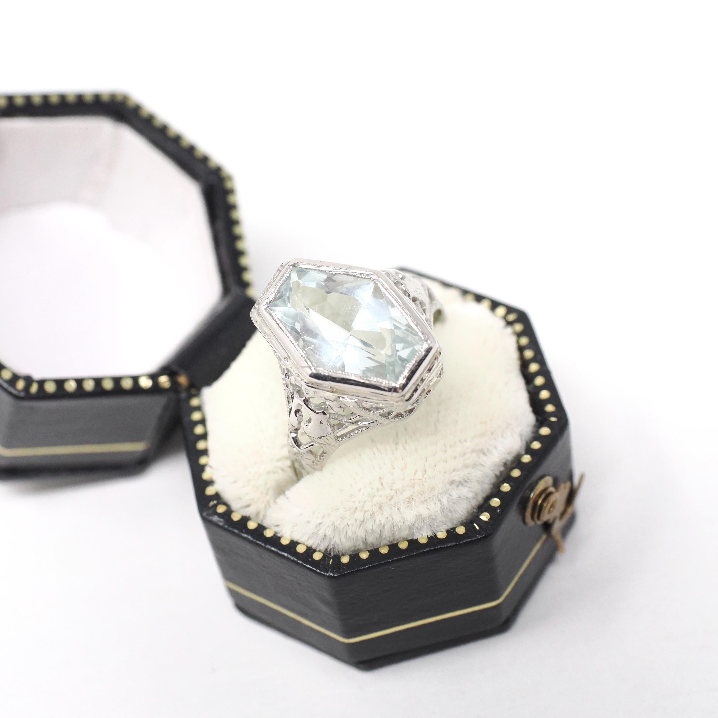 Vintage Aquamarine Ring - Art Deco 14k White Gold Light Blue Hexagon Gemstone - Circa 1930s Era Size 5 1/4 Lovebird Filigree Fine Jewelry