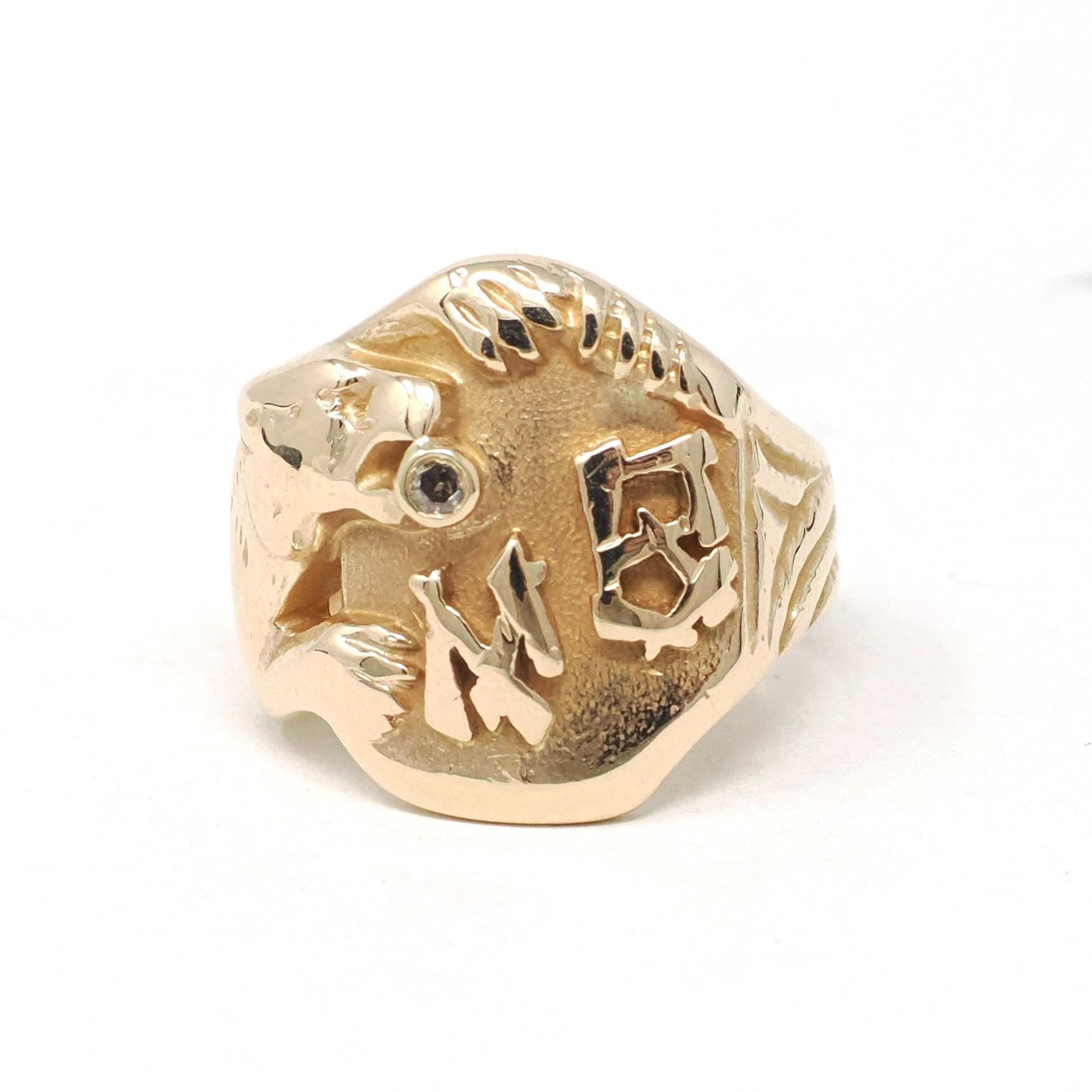 Vintage "MB" Griffin Ring - Art Deco 10k Yellow Gold Letter Initials Mythological Creature Signet - Vintage 1930s Size 5 Unisex Fine Jewelry