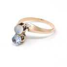 Antique Toi Et Moi Ring - Edwardian 10k Yellow Gold Natural Moonstone & Iolite Gemstone Bypass - Circa Early 1900s Size 7 1/4 Fine Jewelry