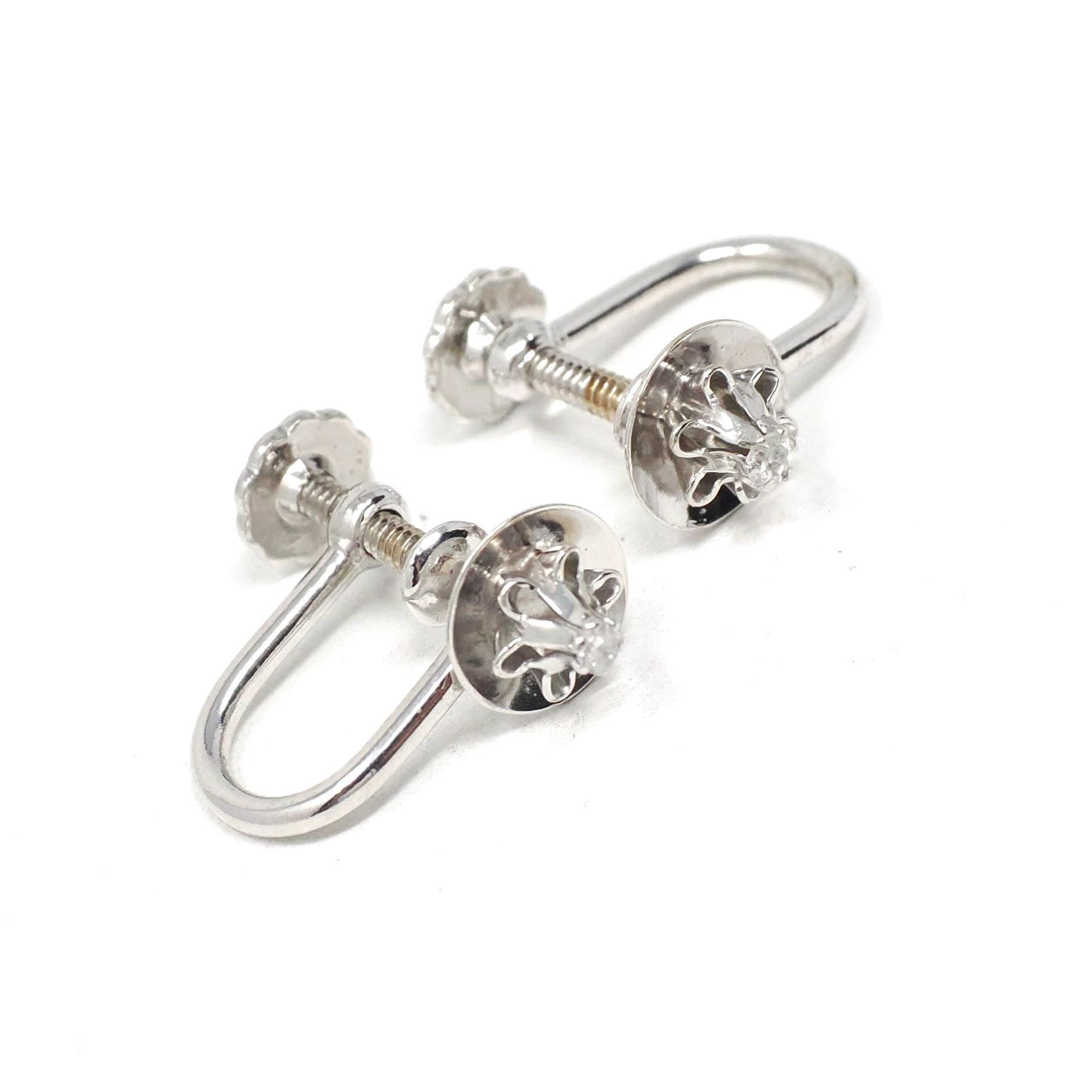 Vintage Diamond Earrings - Retro 14k White Gold .05 CTW Round Buttercup Flower Screw Backs - Circa 1960s Era Floral Fine Bridal Jewelry