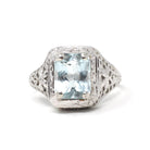 Vintage Aquamarine Ring - Art Deco 14k White Gold French Cut Octagonal Natural Blue Gemstone - Circa 1930s Size 5 1/4 Filigree Fine Jewelry