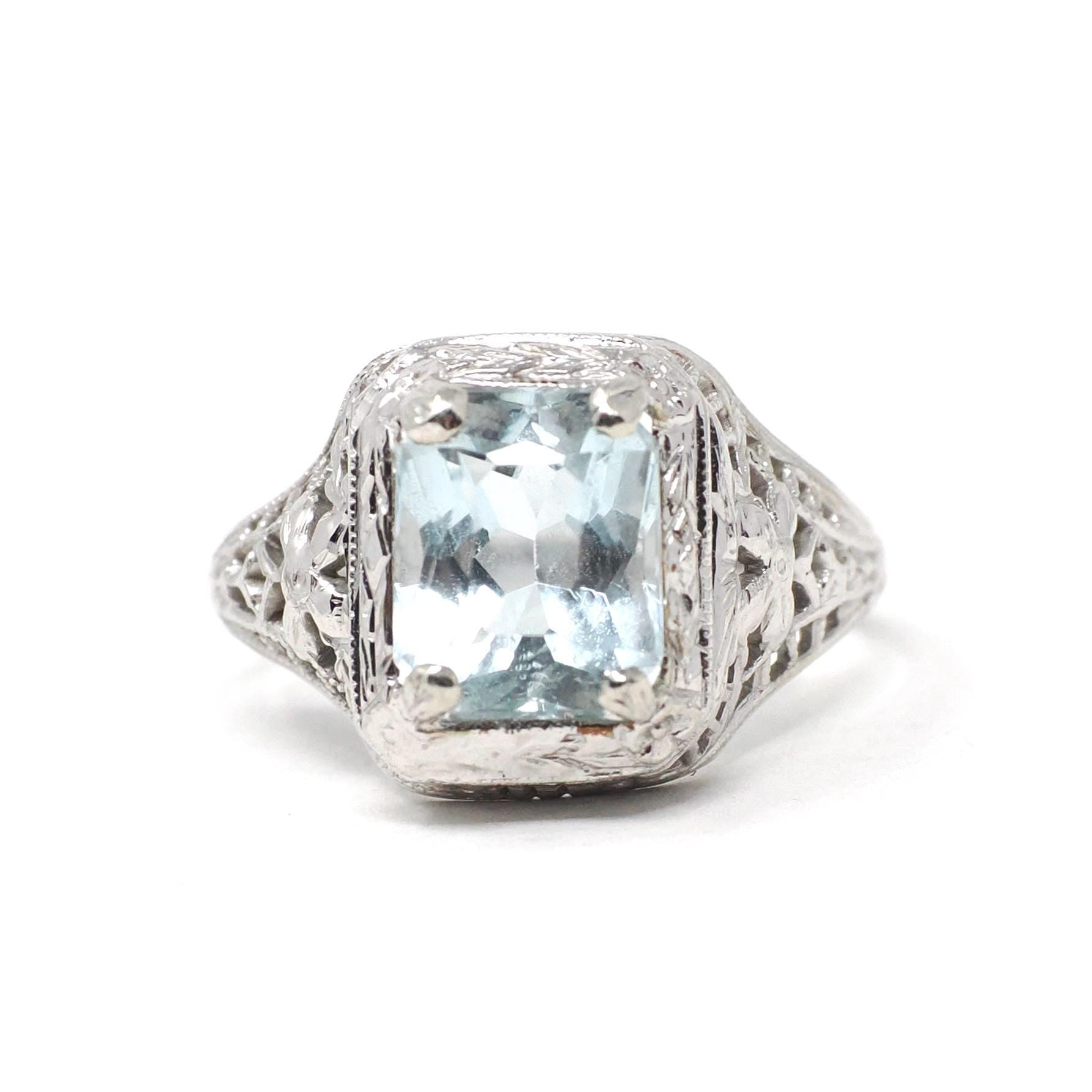 Vintage Aquamarine Ring - Art Deco 14k White Gold French Cut Octagonal Natural Blue Gemstone - Circa 1930s Size 5 1/4 Filigree Fine Jewelry