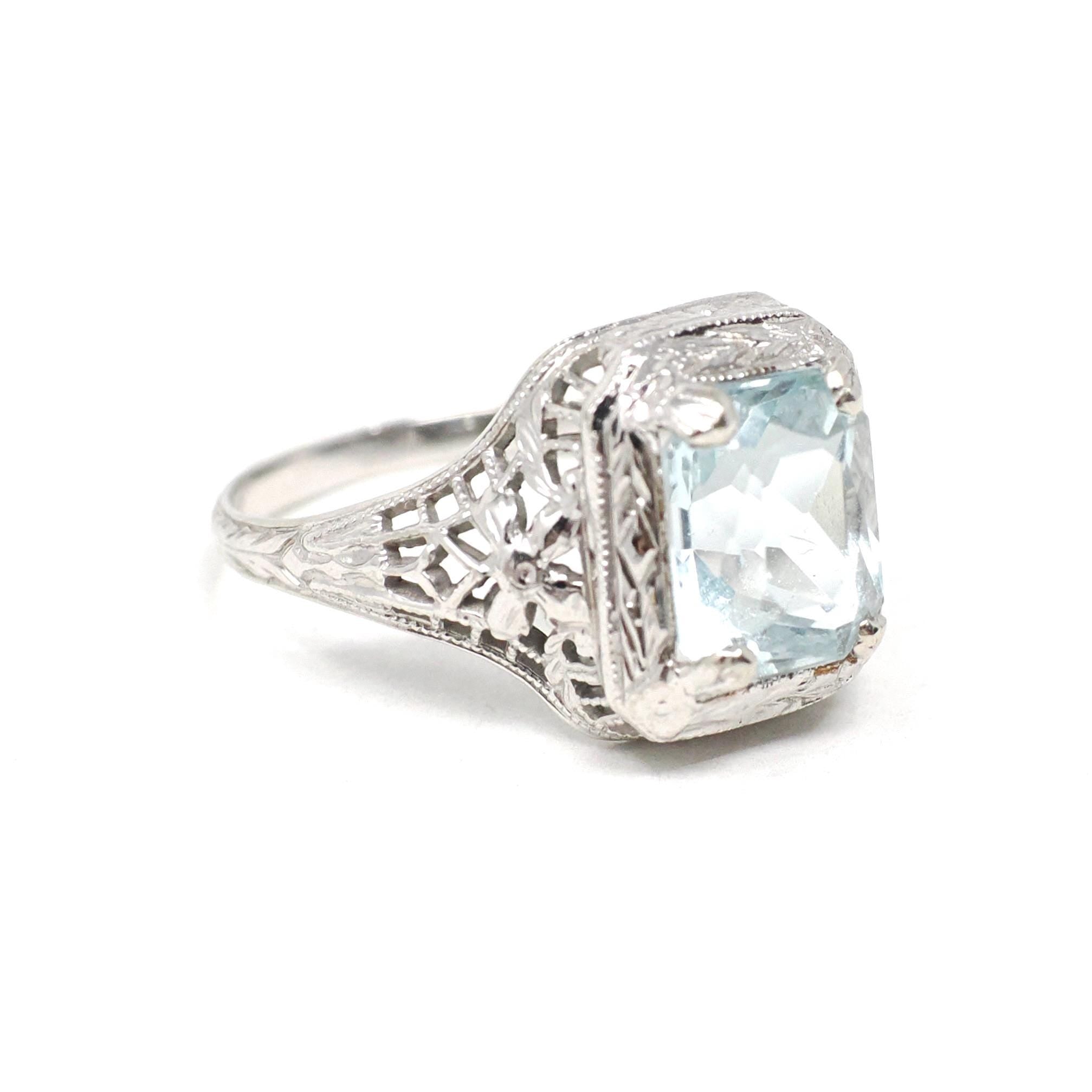 Vintage Aquamarine Ring - Art Deco 14k White Gold French Cut Octagonal Natural Blue Gemstone - Circa 1930s Size 5 1/4 Filigree Fine Jewelry