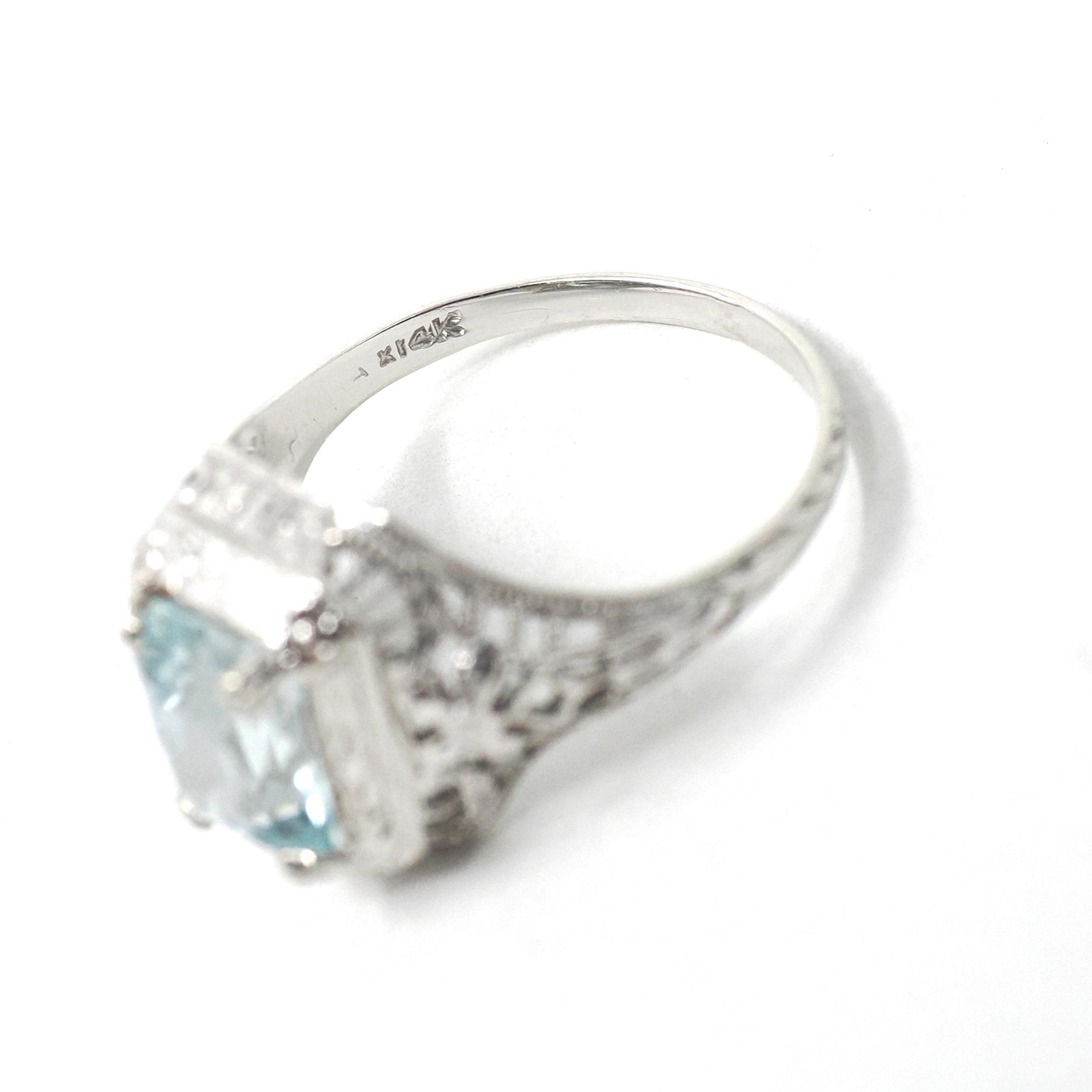 Vintage Aquamarine Ring - Art Deco 14k White Gold French Cut Octagonal Natural Blue Gemstone - Circa 1930s Size 5 1/4 Filigree Fine Jewelry