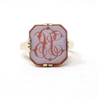 Vintage Intaglio Ring - Mid Century 14k Yellow Gold Carved Script Monogram Orange White Sardonyx Gem - Size 8 3/4 Initials JB Fine Jewelry