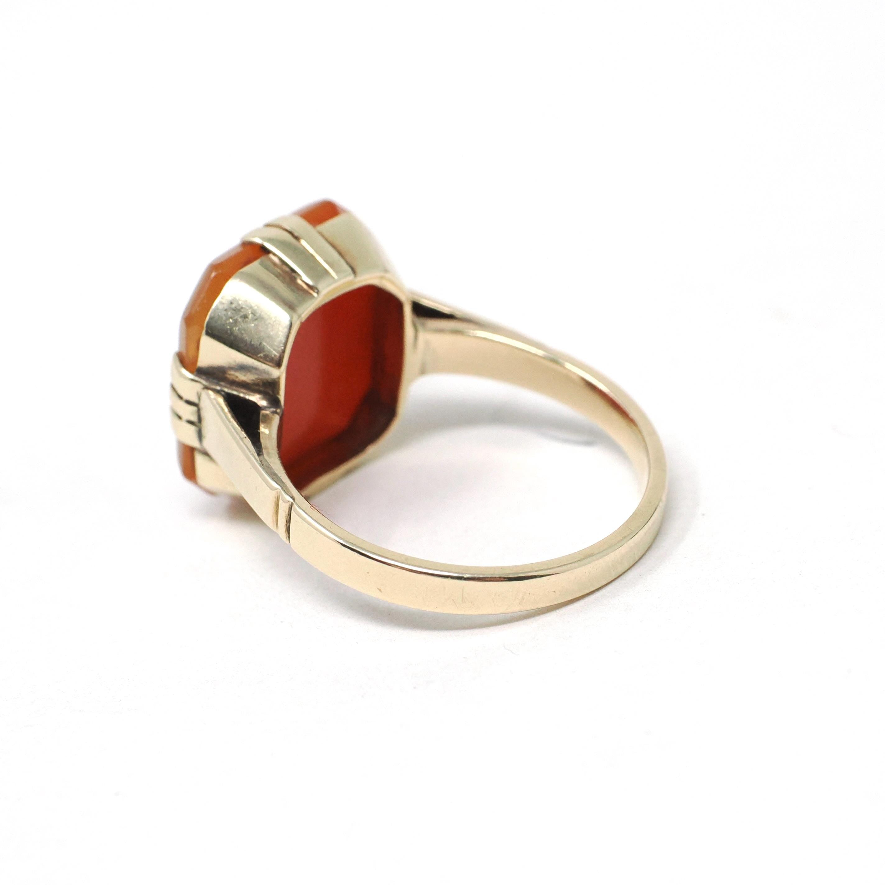 Vintage Intaglio Ring - Mid Century 14k Yellow Gold Carved Script Monogram Orange White Sardonyx Gem - Size 8 3/4 Initials JB Fine Jewelry