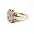 Vintage Intaglio Ring - Mid Century 14k Yellow Gold Carved Script Monogram Orange White Sardonyx Gem - Size 8 3/4 Initials JB Fine Jewelry