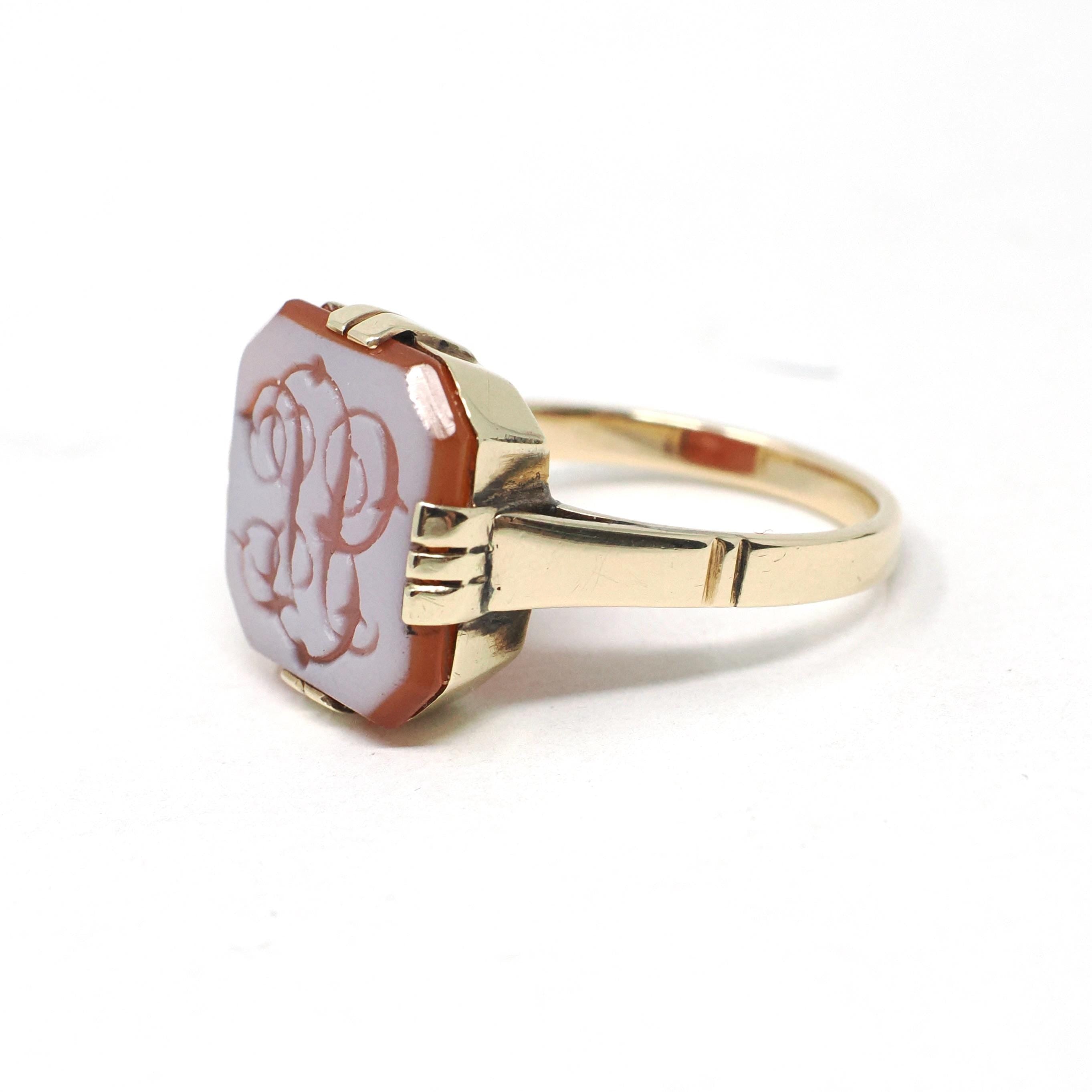 Vintage Intaglio Ring - Mid Century 14k Yellow Gold Carved Script Monogram Orange White Sardonyx Gem - Size 8 3/4 Initials JB Fine Jewelry