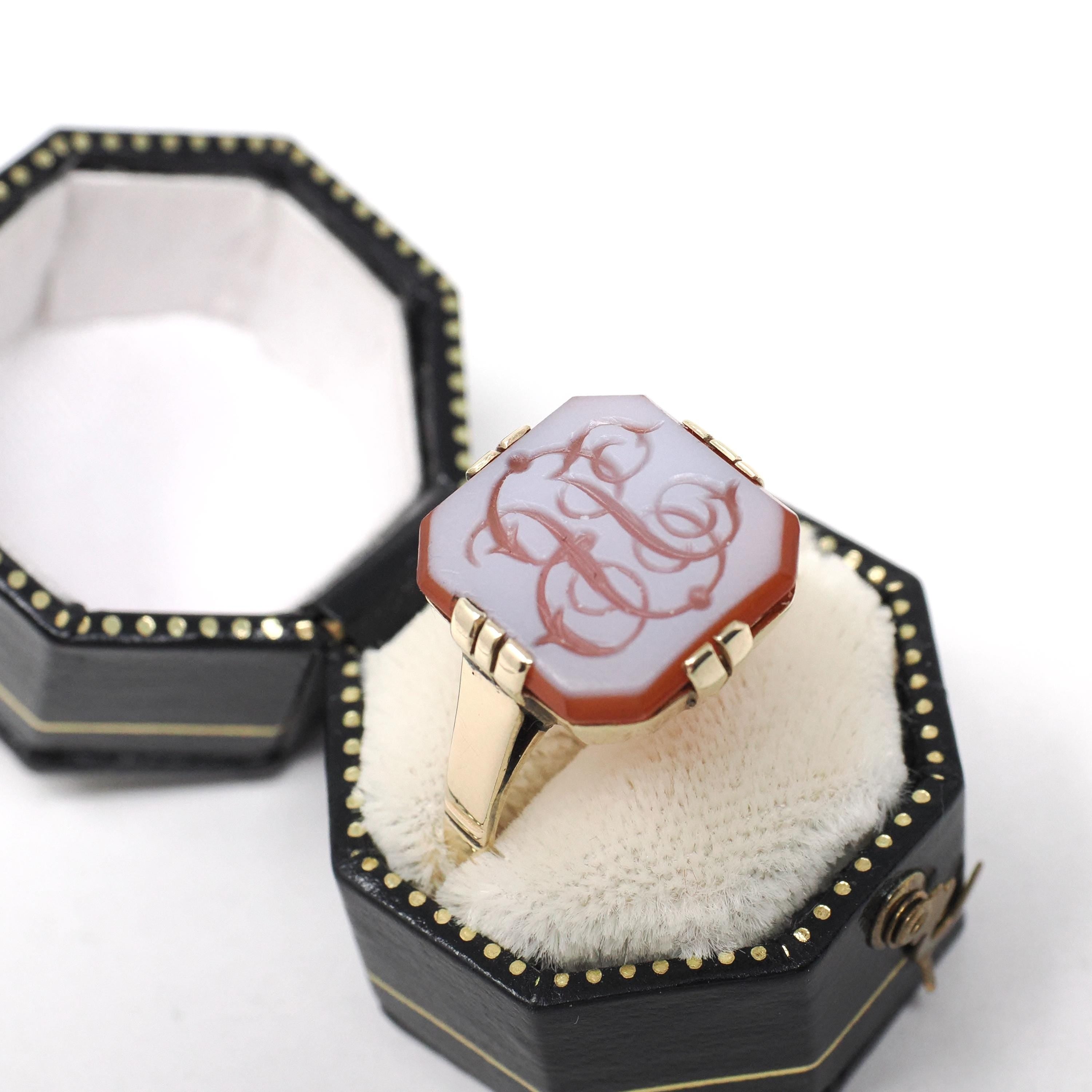 Vintage Intaglio Ring - Mid Century 14k Yellow Gold Carved Script Monogram Orange White Sardonyx Gem - Size 8 3/4 Initials JB Fine Jewelry
