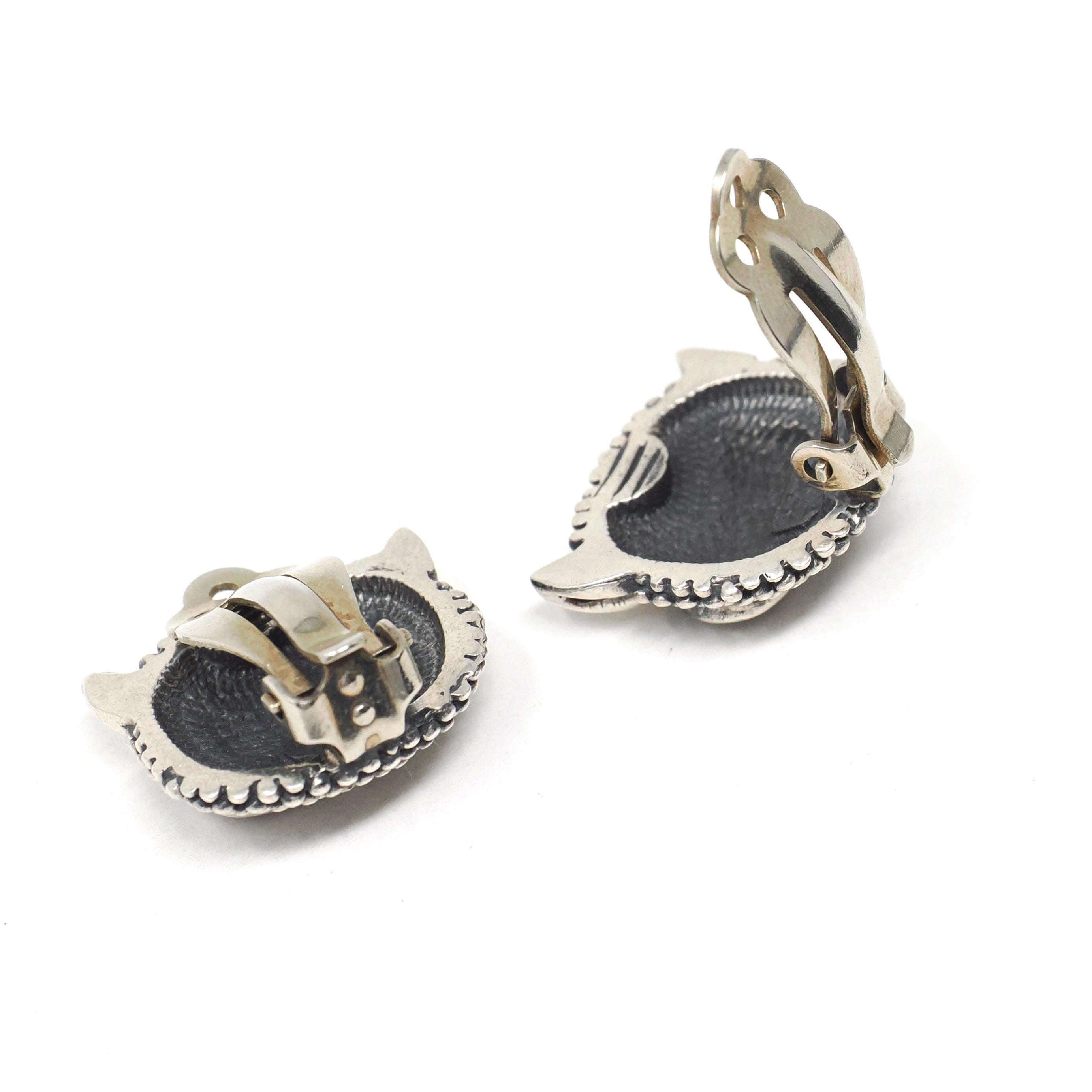 Sterling Silver Owl Earrings - Vintage Figural Repousse Detailed Non Pierced Style Clip Backs - Circa 1980s Era Bold Statement Jewelry