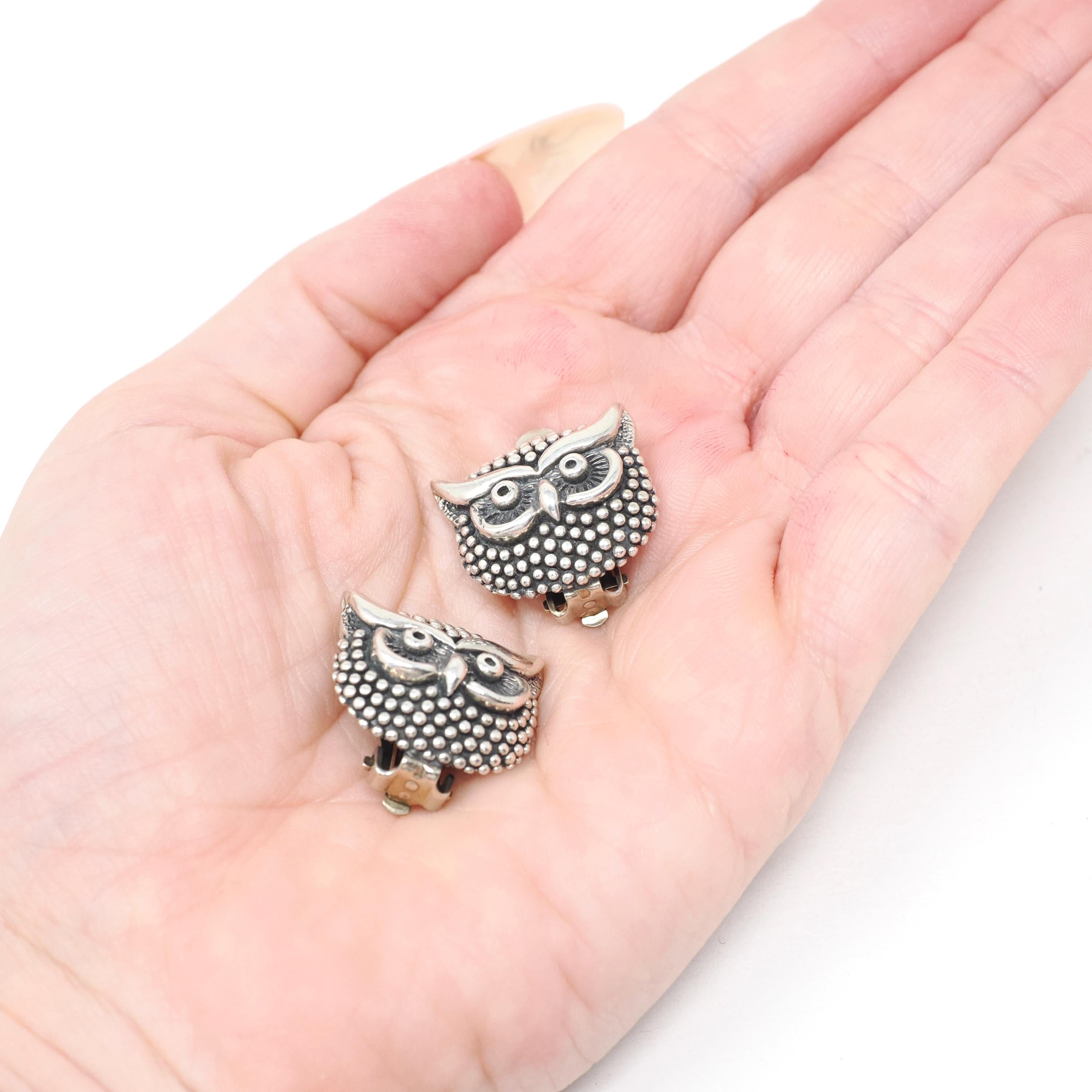 Sterling Silver Owl Earrings - Vintage Figural Repousse Detailed Non Pierced Style Clip Backs - Circa 1980s Era Bold Statement Jewelry