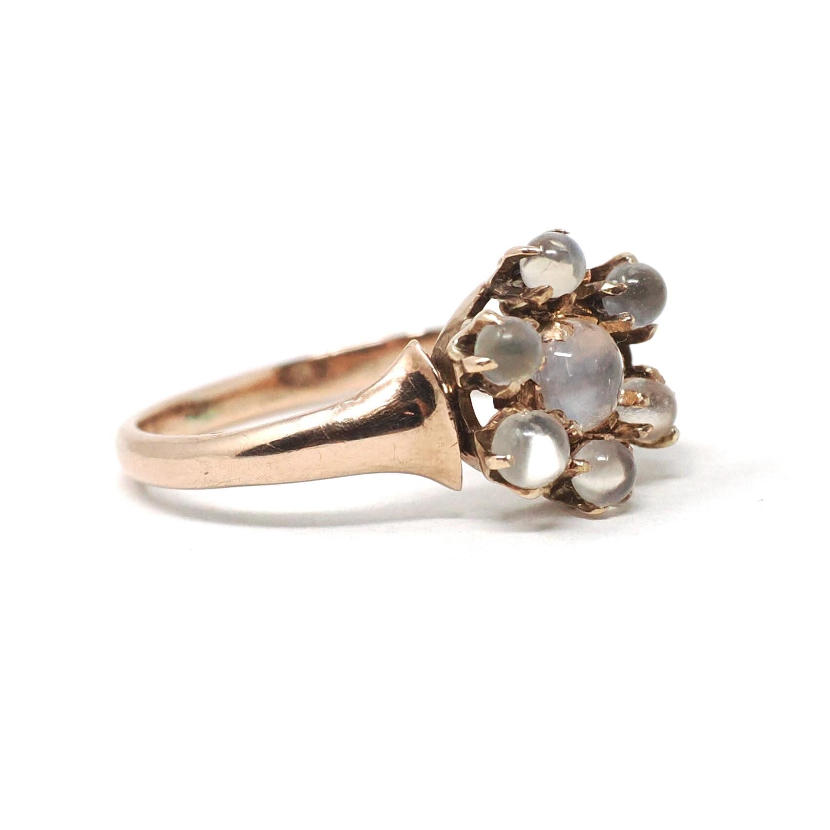Antique Moonstone Ring - Victorian Era 10k Rose Gold Round Sphere Gemstone Halo - Circa 1890s Size 5 1/2 Belcher Flower Cluster Fine Jewelry