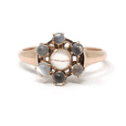 Antique Moonstone Ring - Victorian Era 10k Rose Gold Round Sphere Gemstone Halo - Circa 1890s Size 5 1/2 Belcher Flower Cluster Fine Jewelry
