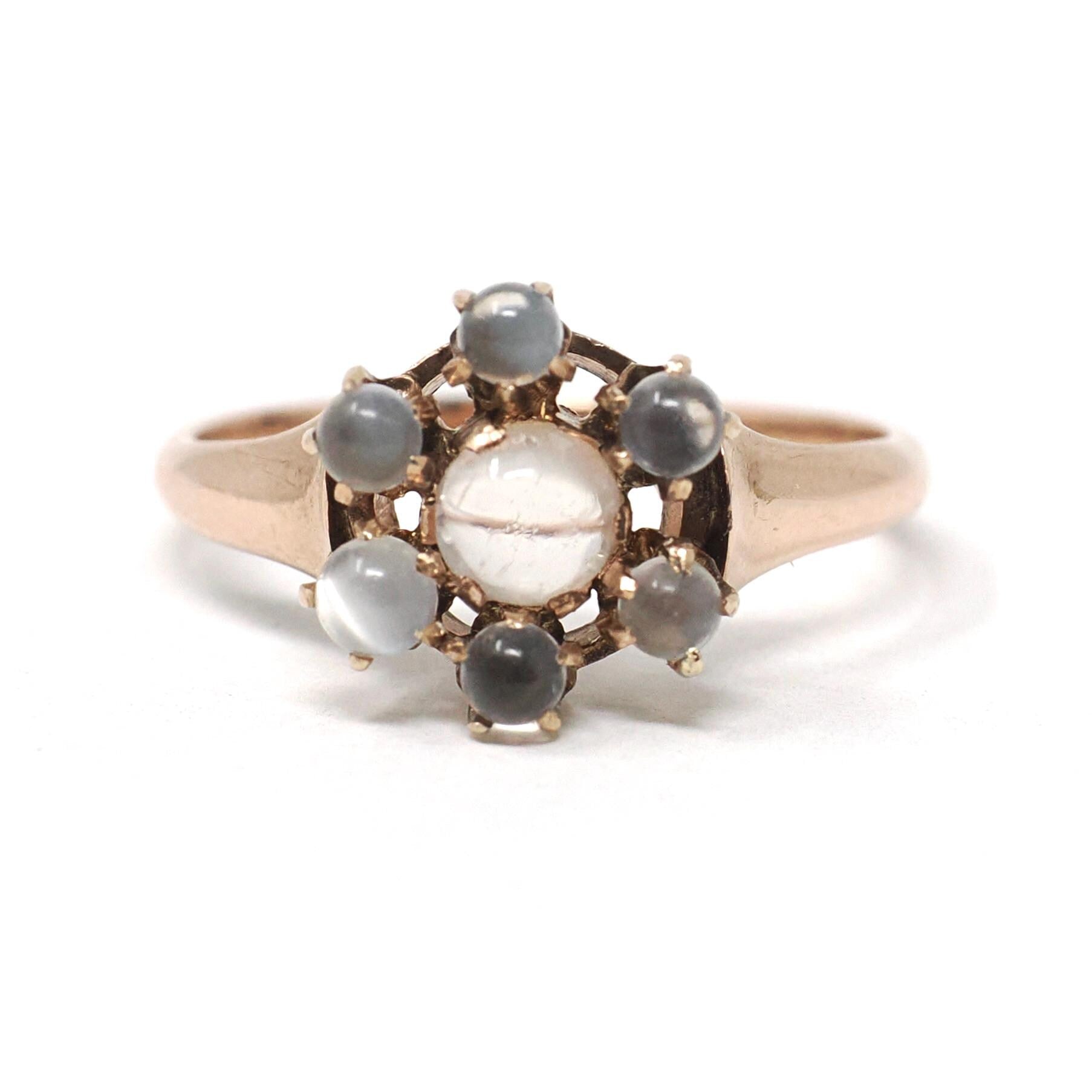 Antique Moonstone Ring - Victorian Era 10k Rose Gold Round Sphere Gemstone Halo - Circa 1890s Size 5 1/2 Belcher Flower Cluster Fine Jewelry