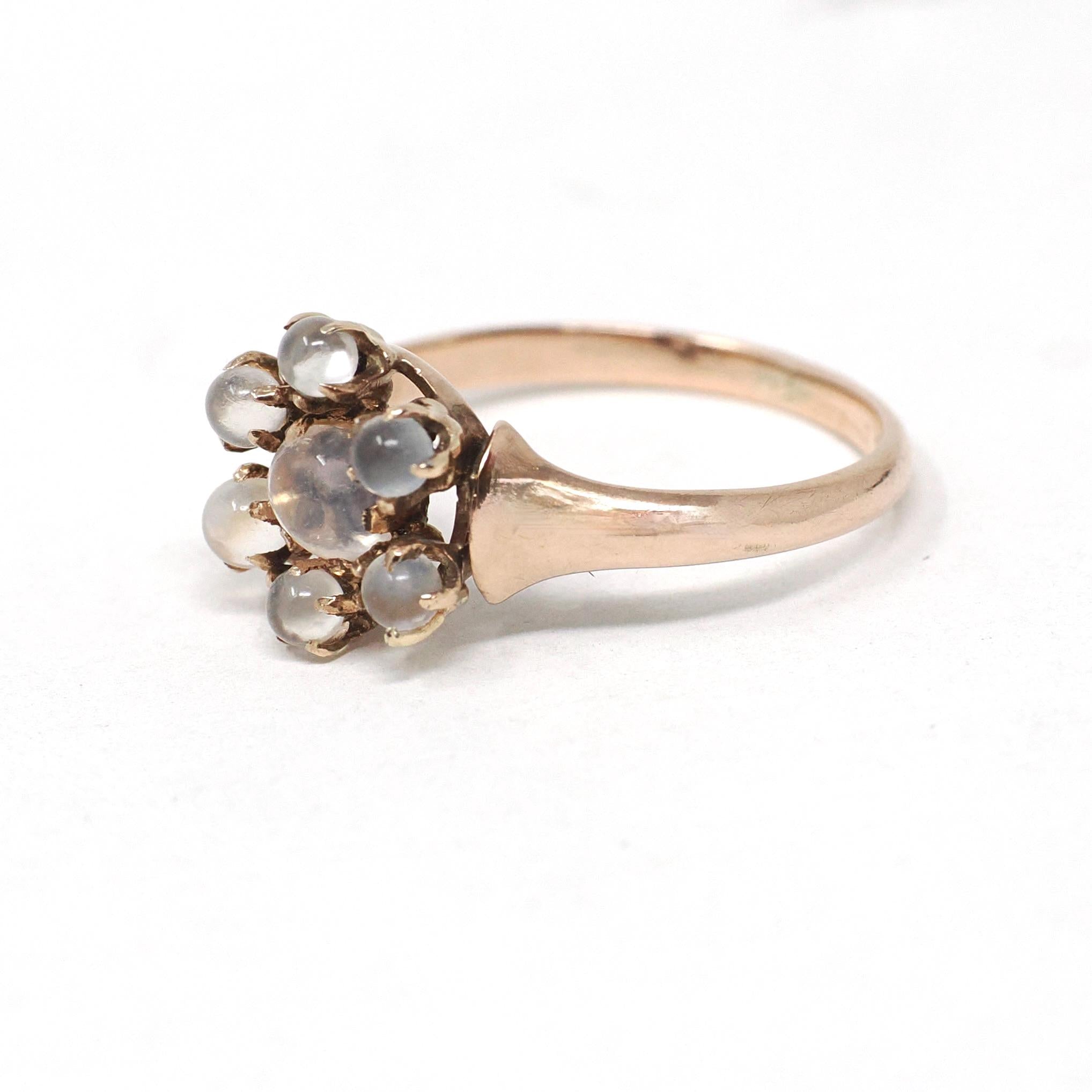 Antique Moonstone Ring - Victorian Era 10k Rose Gold Round Sphere Gemstone Halo - Circa 1890s Size 5 1/2 Belcher Flower Cluster Fine Jewelry